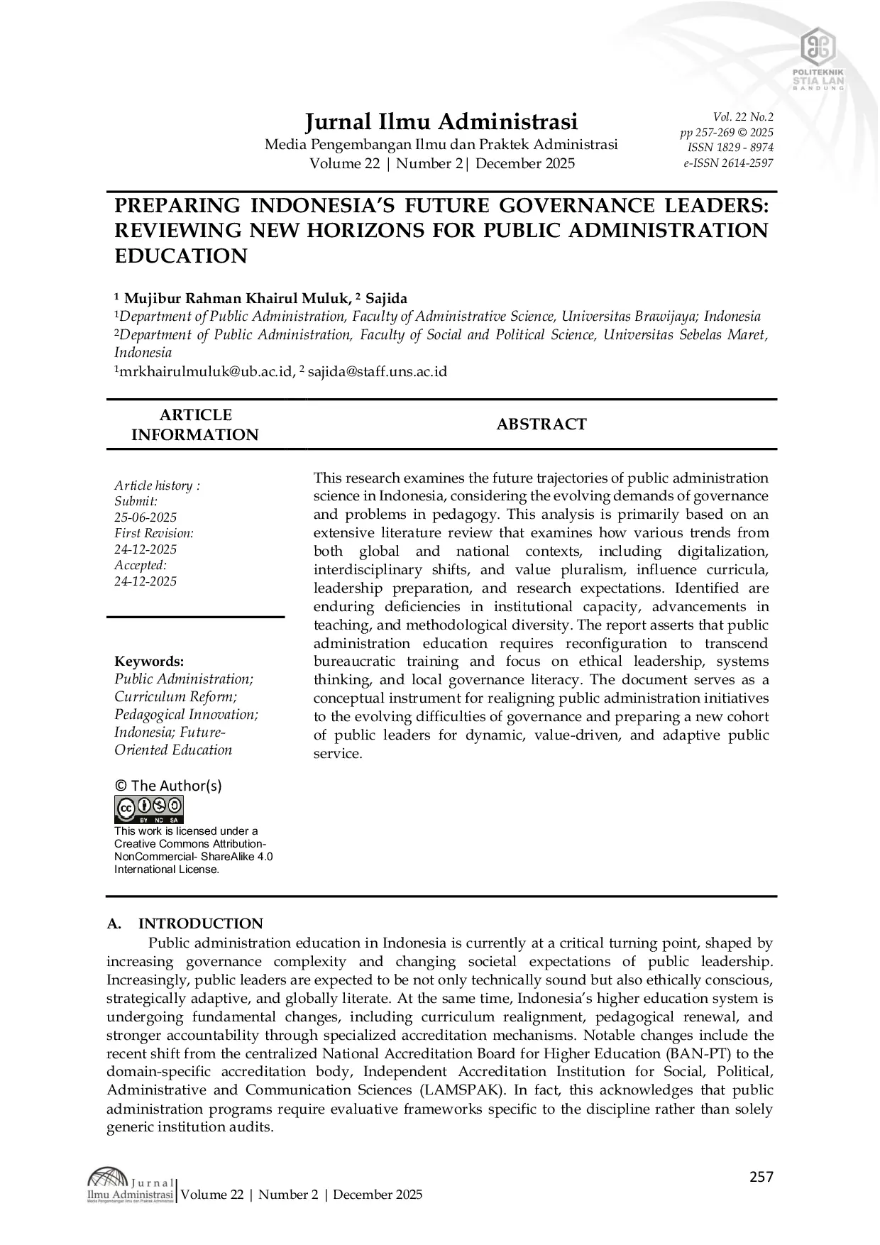 JURIS Preparing Indonesia s Future Governance Leaders Reviewing New Horizons for Public Administration Education