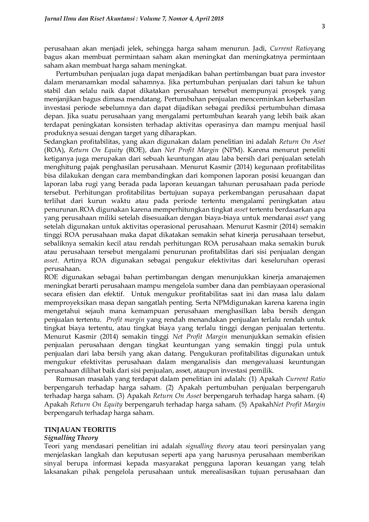 JURIS Pengaruh Current Ratio Pertumbuhan Penjualan Dan Profitabilitas Terhadap Harga Saham