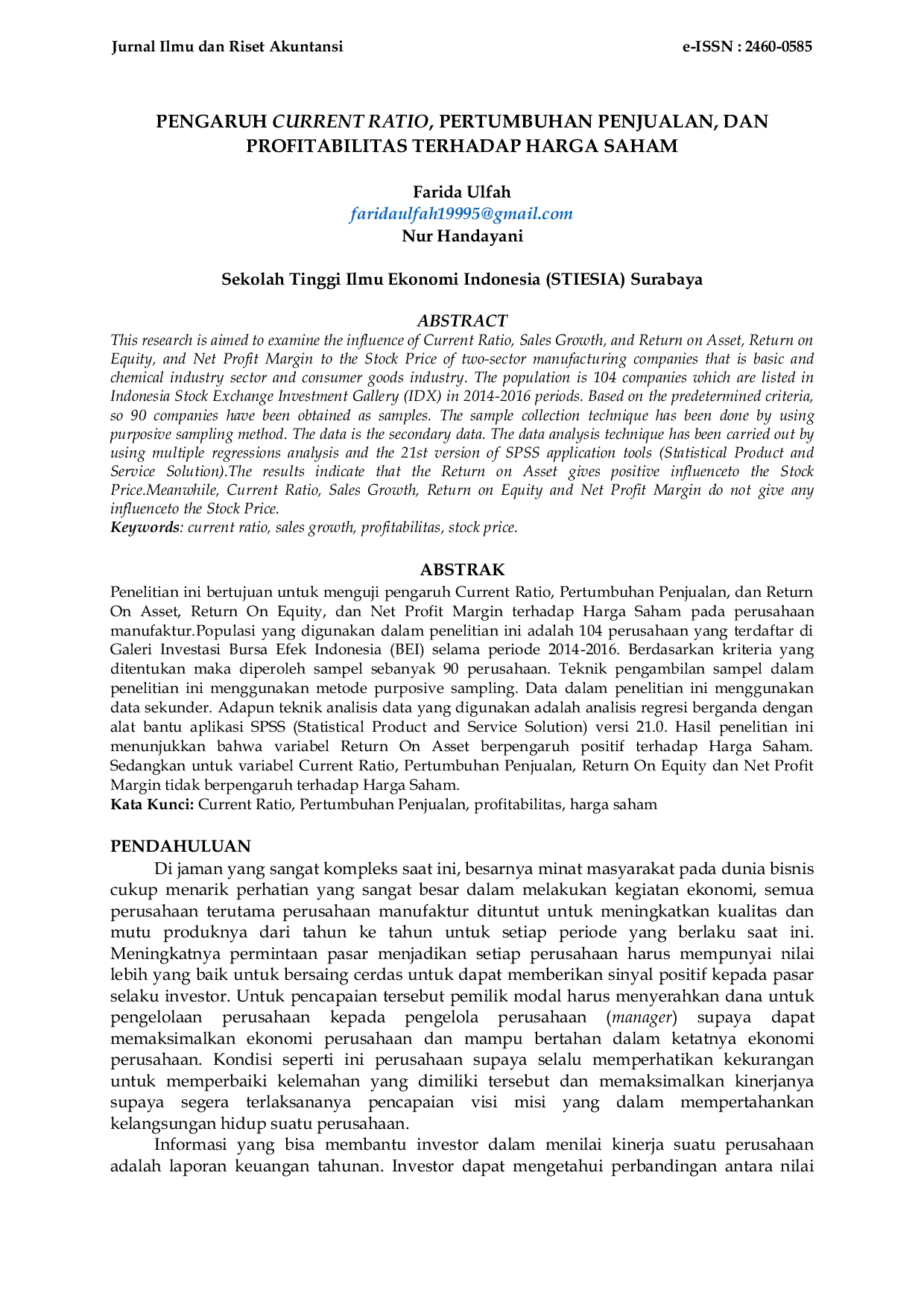 JURIS Pengaruh Current Ratio Pertumbuhan Penjualan Dan Profitabilitas Terhadap Harga Saham