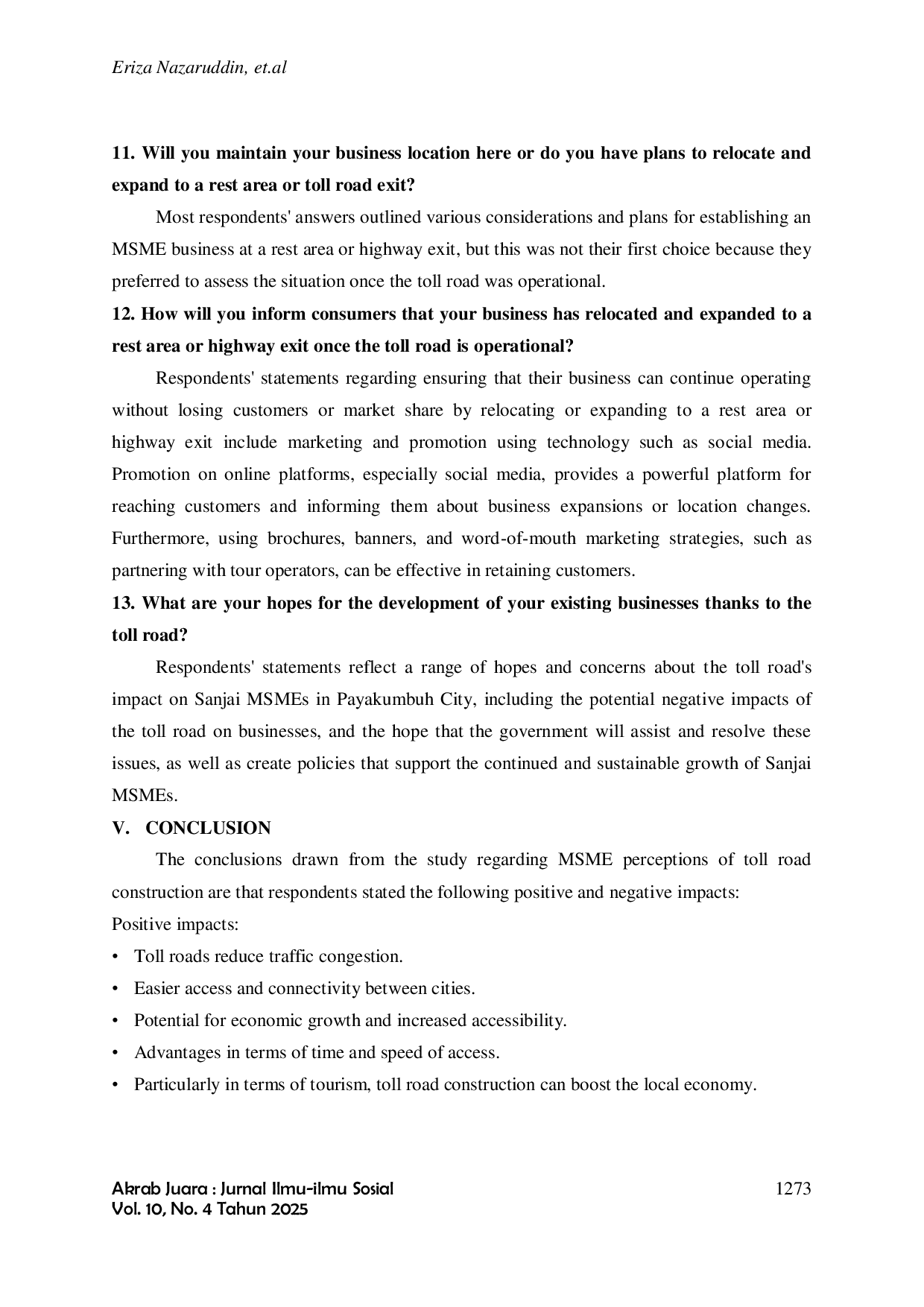 JURIS Msmes Perceptions of the Development of the Padang Pekanbaru Toll Road Payakumbuh Pangkalan Section