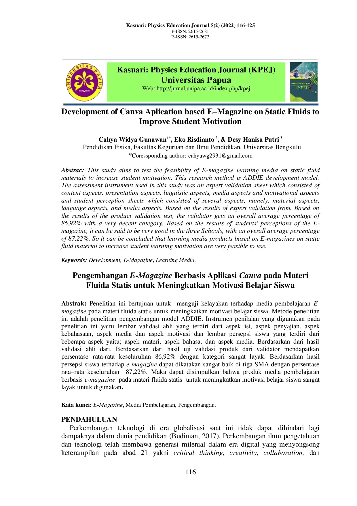 JURIS Development of Canva Aplication based E Magazine on Static Fluids to Improve Student Motivation