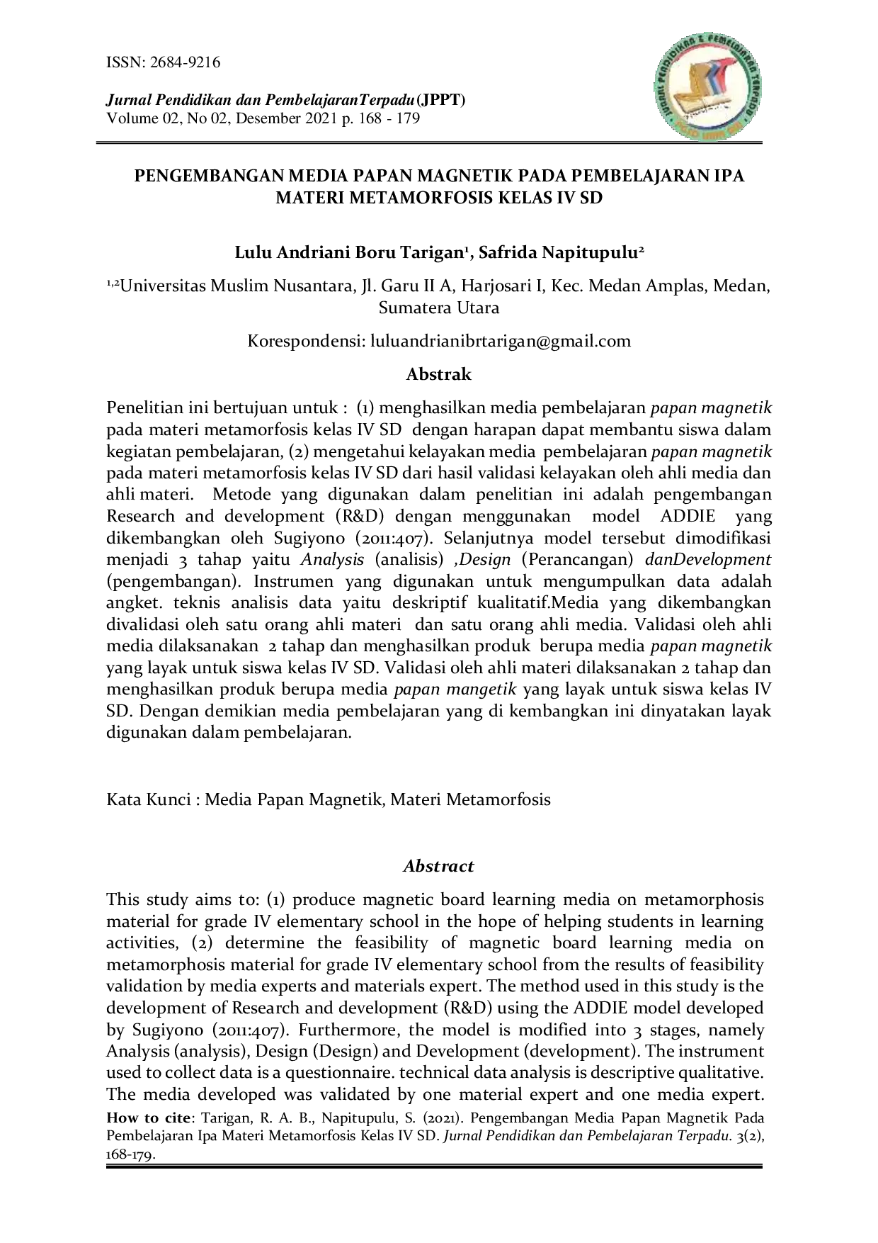 JURIS Pengembangan Media Papan Magnetik Pada Pembelajaran Ipa Materi Metamorfosis Kelas Iv Sd