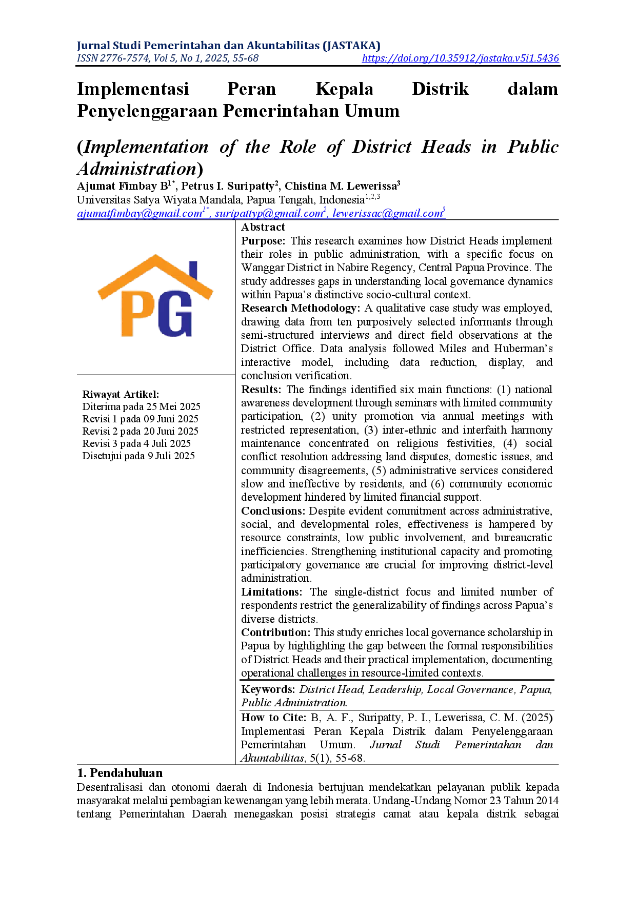 juris Implementasi Peran Kepala Distrik dalam Penyelenggaraan Pemerintahan Umum