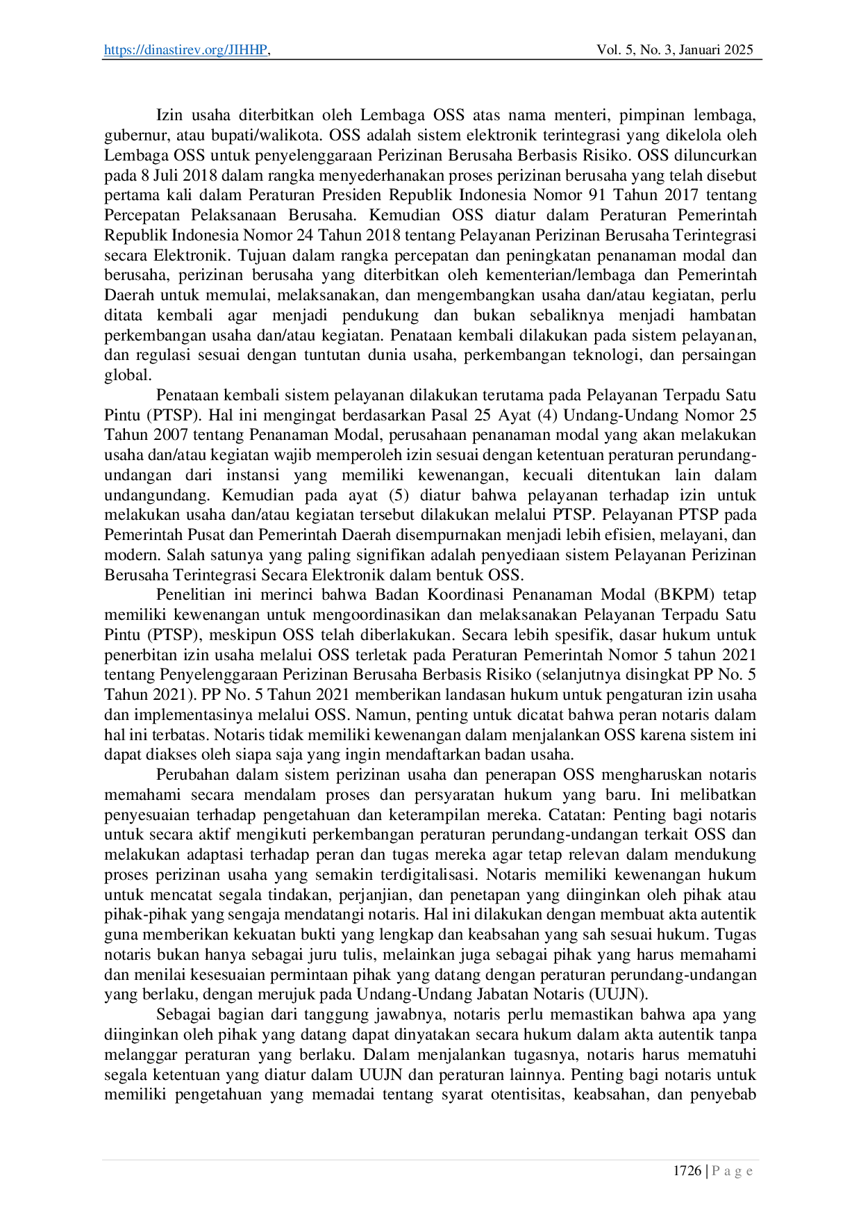 JURIS Peran Notaris dalam Pengurusan Online Single Submission Berdasarkan Akta Pendirian Badan Hukum yang Telah dibuat