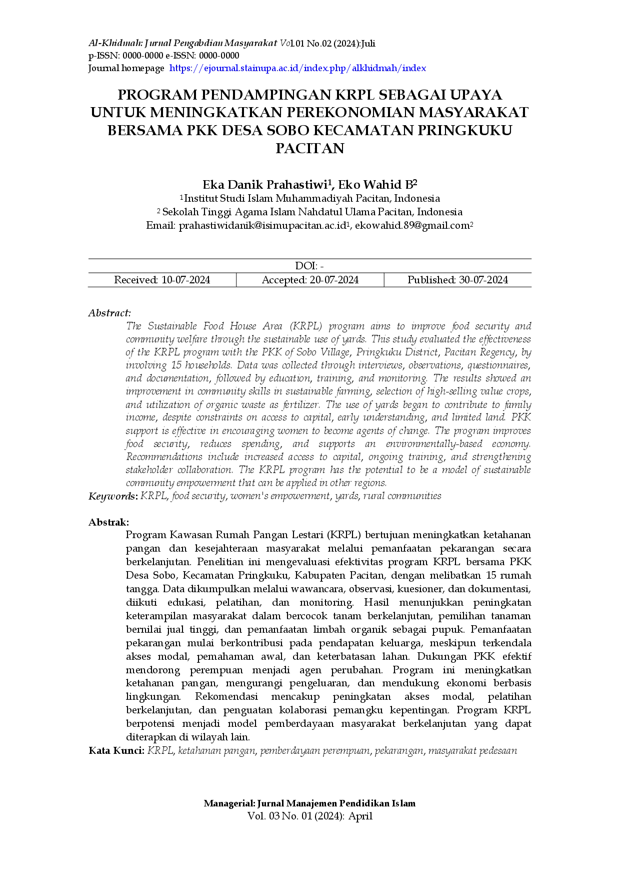 juris Program Pendampingan Krpl Sebagai Upaya Untuk Meningkatkan Perekonomian Masyarakat Bersama Pkk Desa Sobo Kecamatan Pringkuku Pacitan