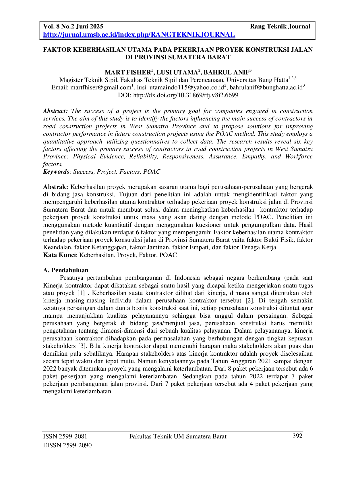 JURIS Faktor Keberhasilan Utama Pada Pekerjaan Proyek Konstruksi Jalan Di Provinsi Sumatera Barat
