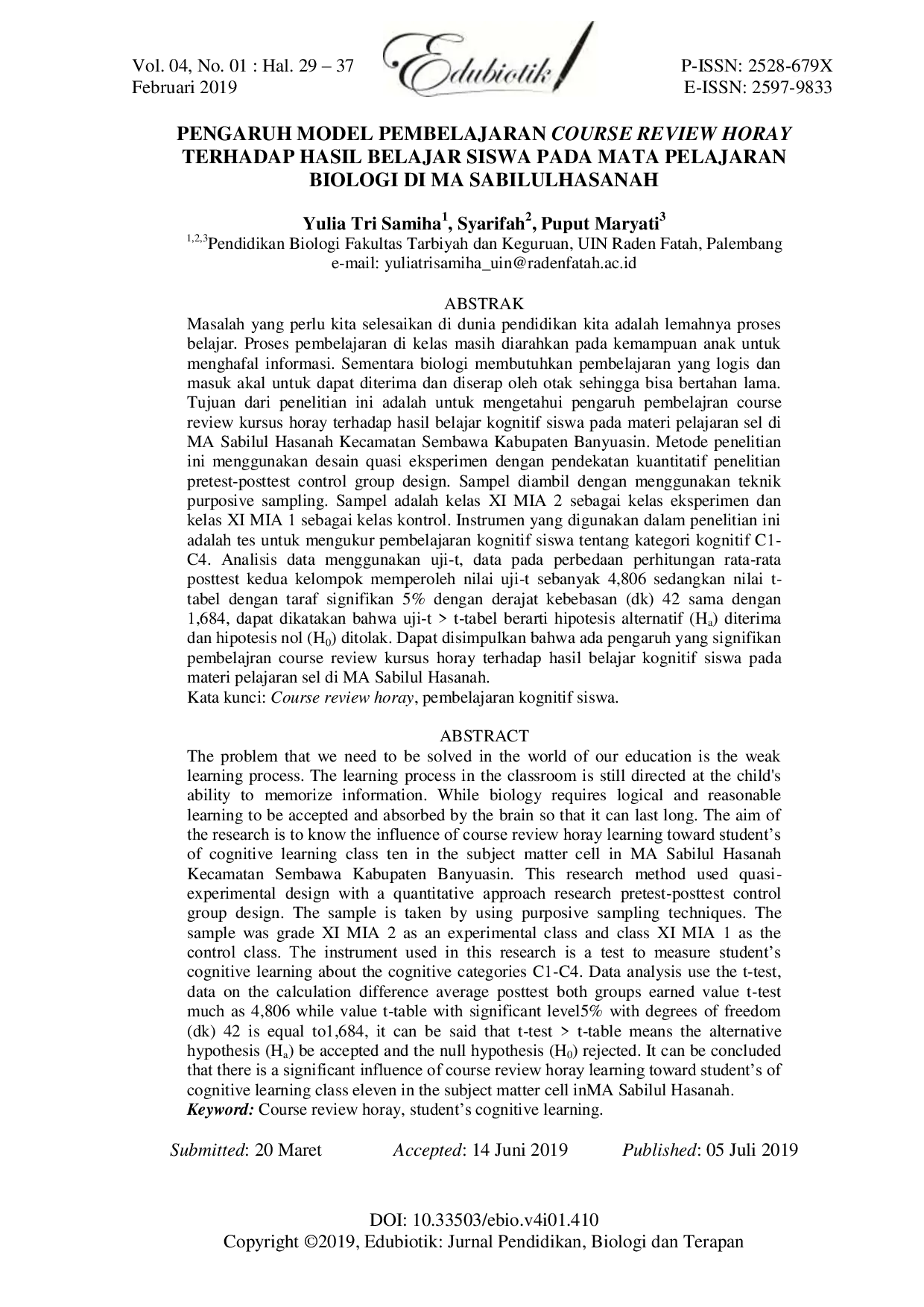 JURIS Pengaruh Model Pembelajaran Course Review Horay terhadap Hasil Belajar Siswa pada Mata Pelajaran Biologi Di MA Sabilulhasanah