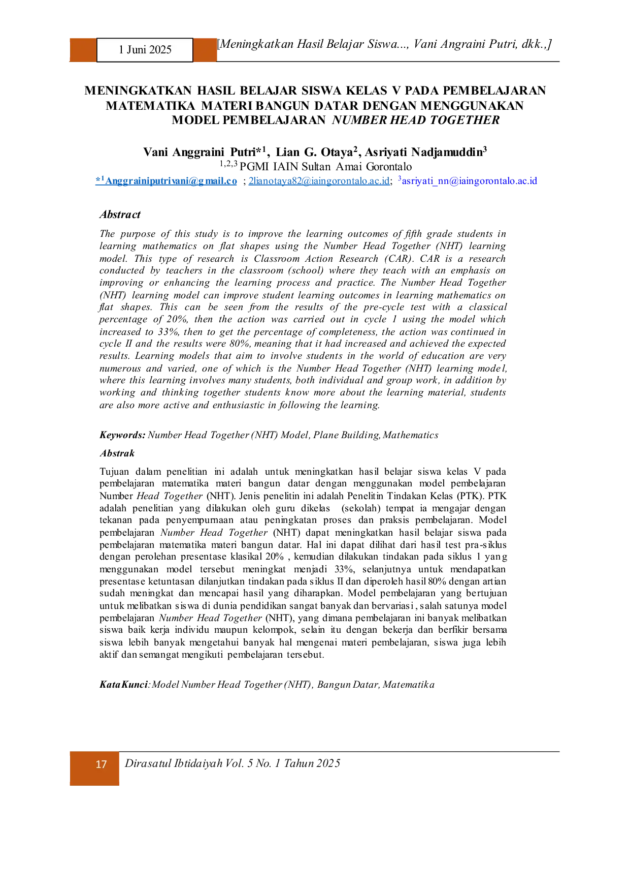 JURIS Meningkatkan Hasil Belajar Siswa Kelas V Pada Pembelajaran Matematika Materi Bangun Datar Dengan Menggunakan Model Pembelajaran Number Head Together