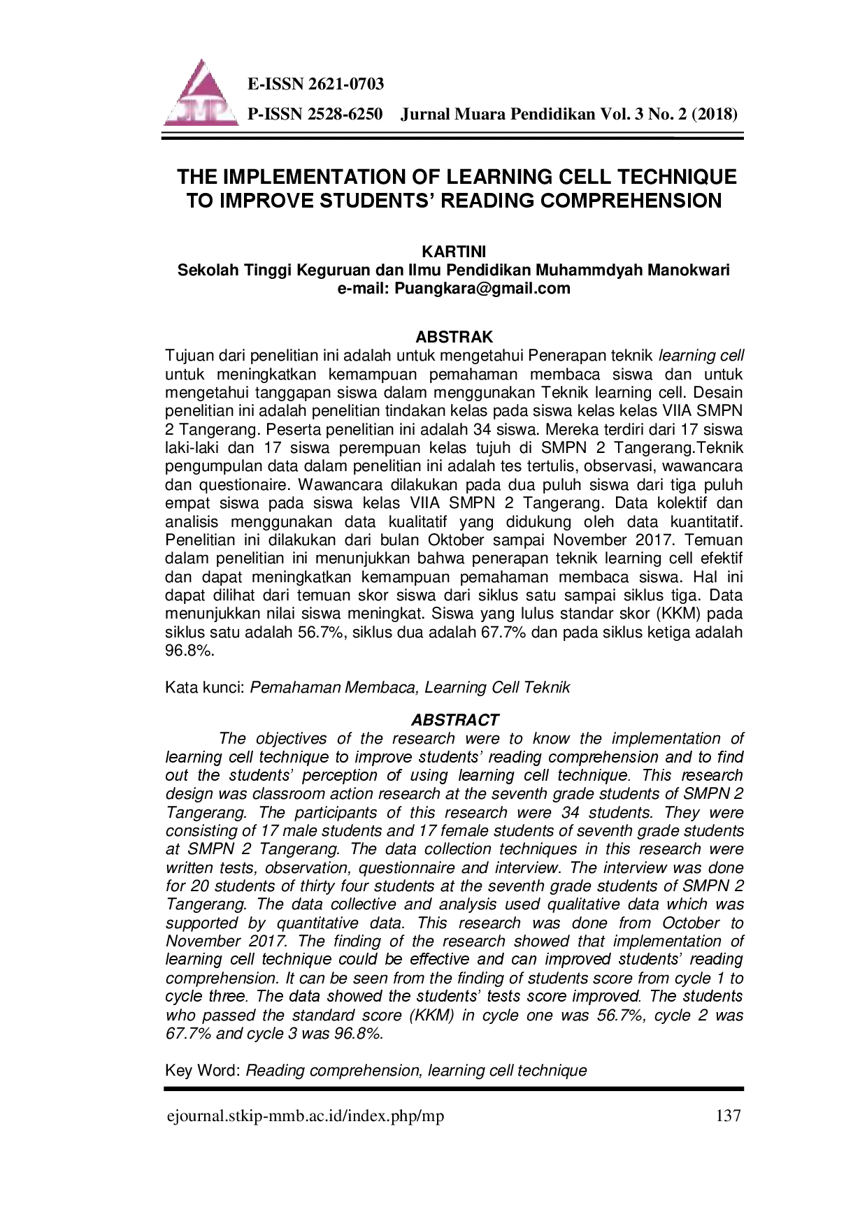 juris The Implementation of Learning Cell Technique to Improve Students Reading Comprehension