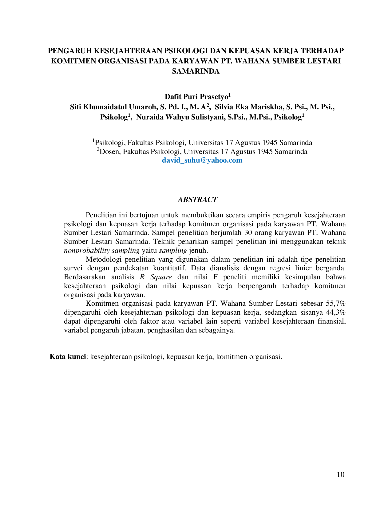 JURIS PENGARUH KESEJAHTERAAN PSIKOLOGI DAN KEPUASAN KERJA TERHADAP KOMITMEN ORGANISASI PADA KARYAWAN PT WAHANA SUMBER LESTARI SAMARINDA