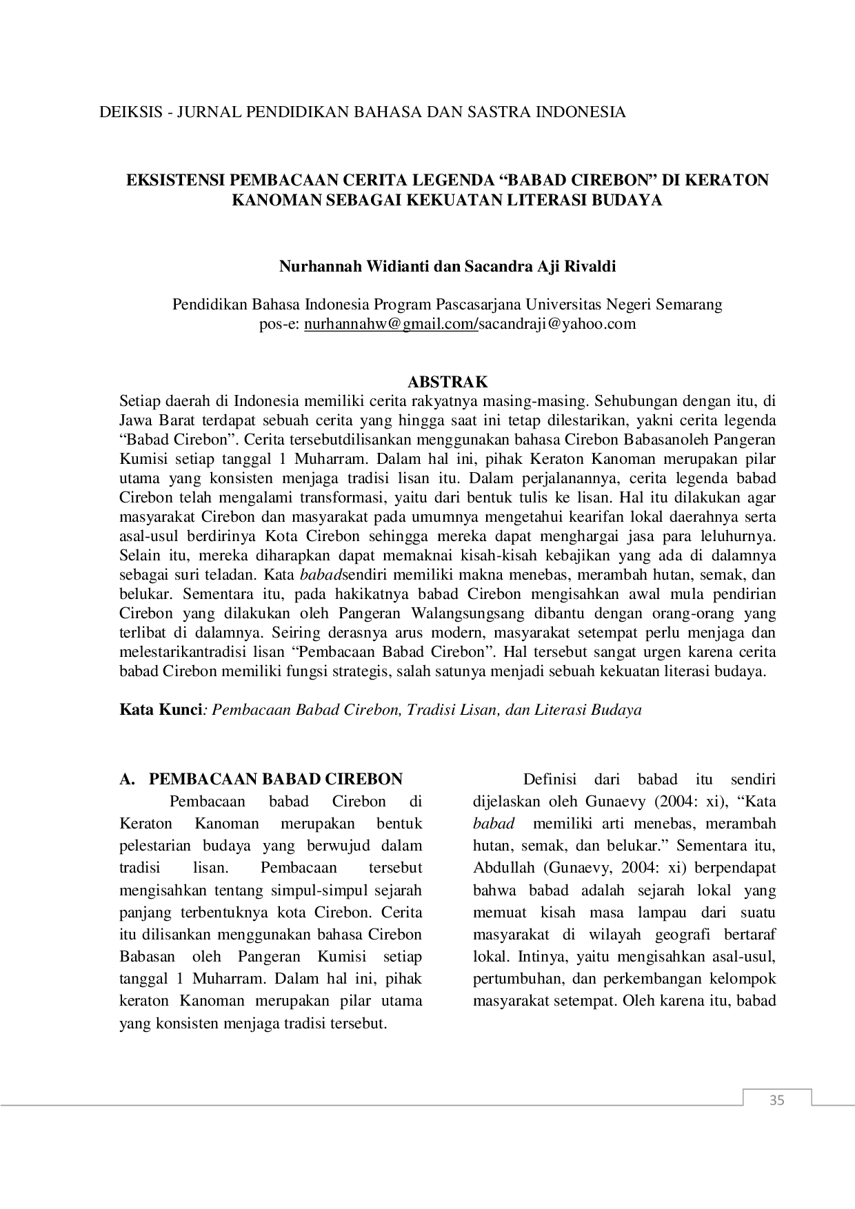 JURIS Eksistensi Pembacaan Cerita Legenda Babad Cirebon Ay di Keraton Kanoman Sebagai Kekuatan Literasi Budaya