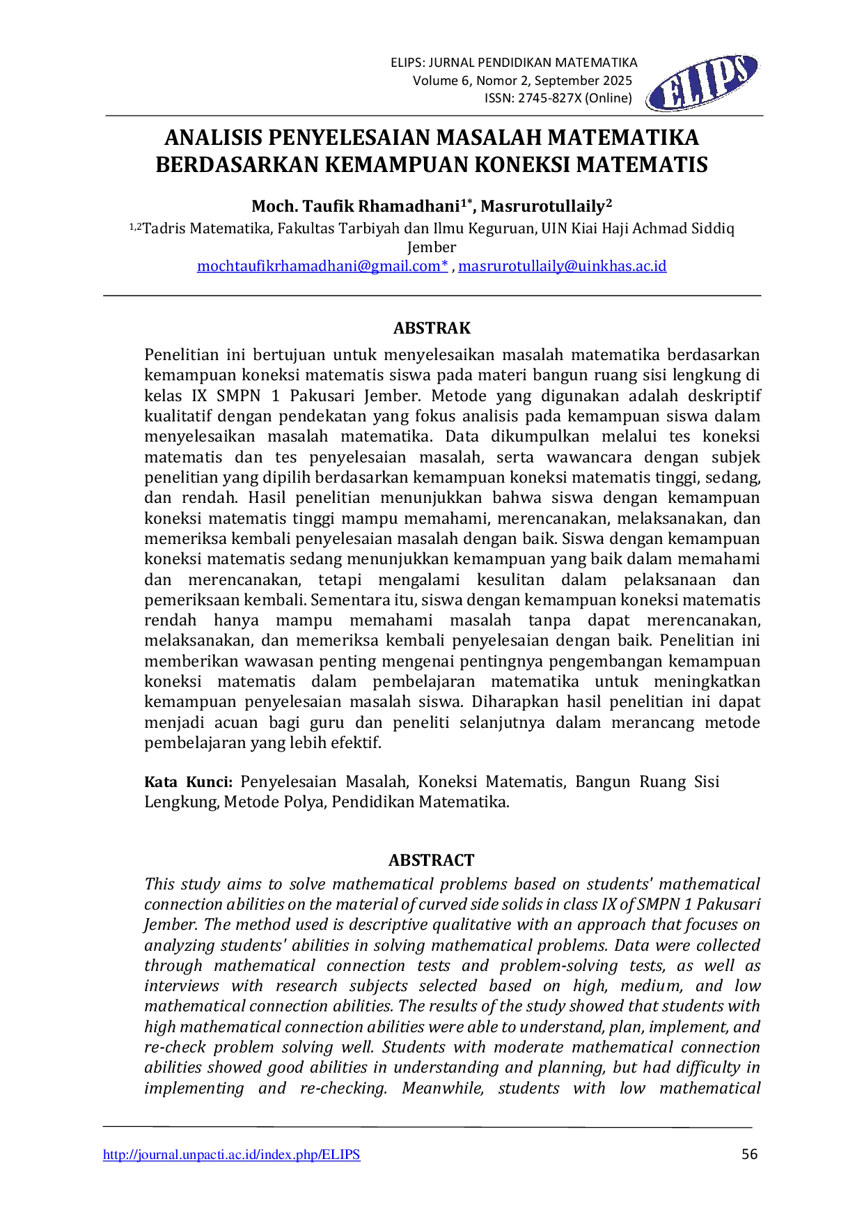 JURIS Analisis Penyelesaian Masalah Matematika Berdasarkan Kemampuan Koneksi Matematis