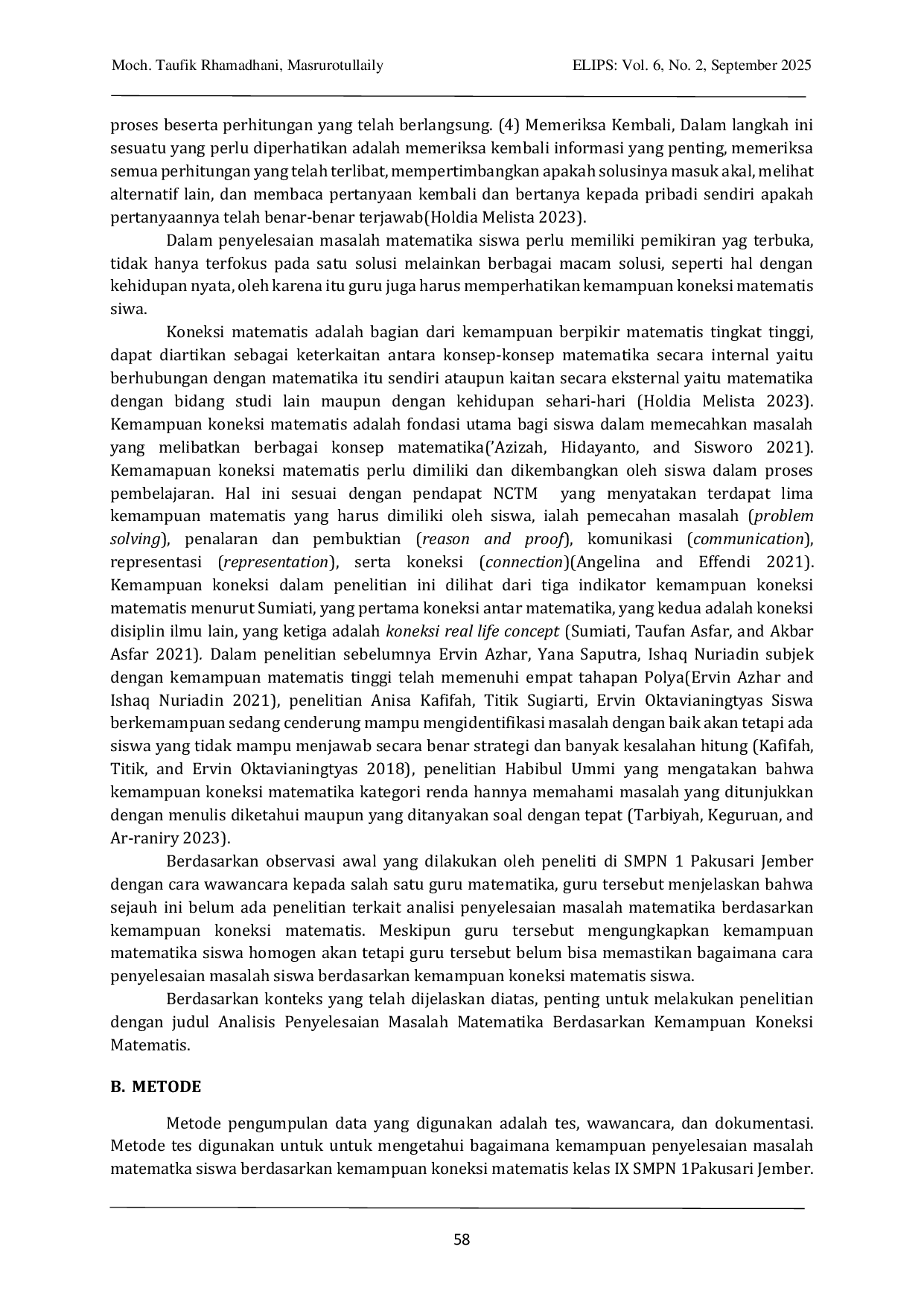 JURIS Analisis Penyelesaian Masalah Matematika Berdasarkan Kemampuan Koneksi Matematis