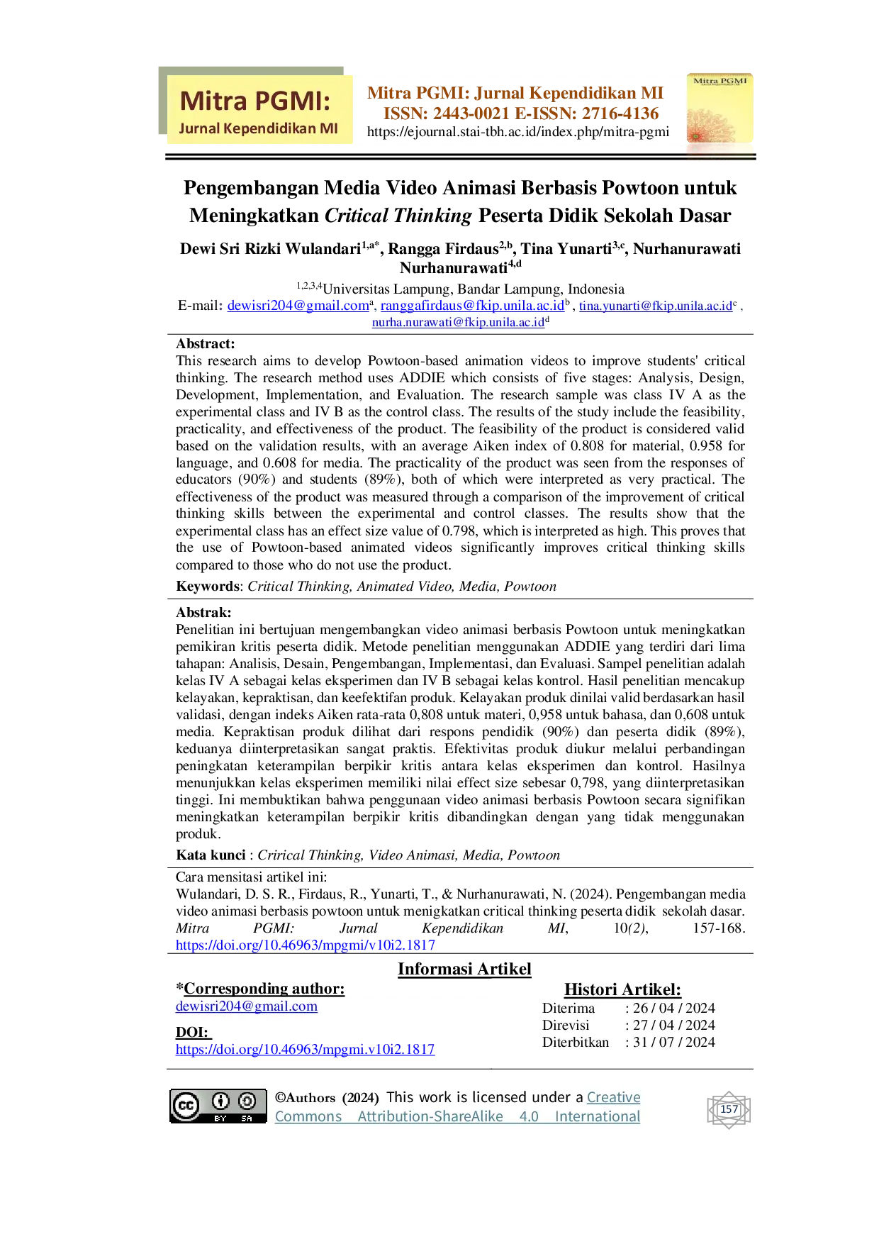 JURIS Pengembangan Media Video Animasi Berbasis Powtoon untuk Meningkatkan Critical Thinking Peserta Didik Sekolah Dasar