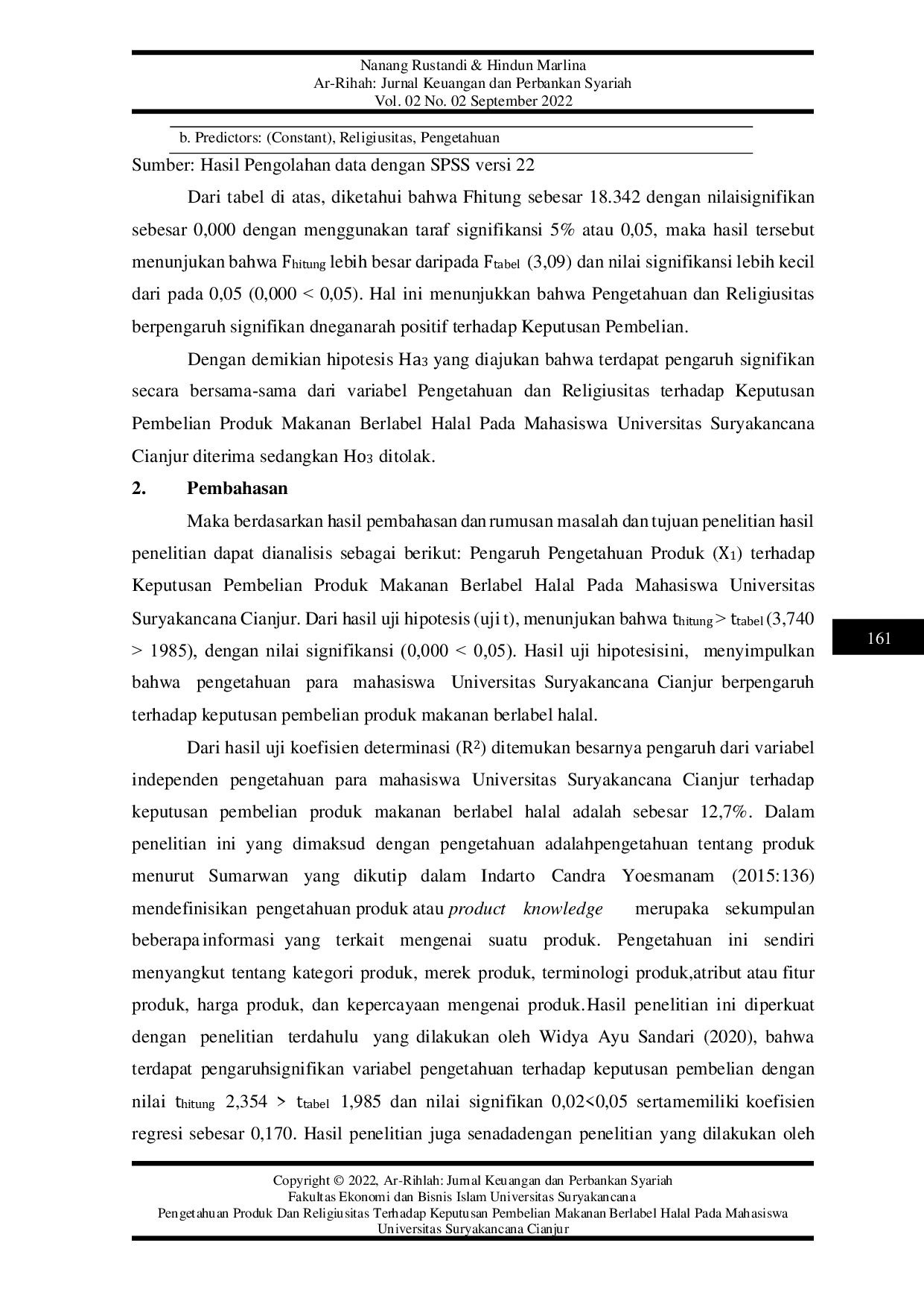 JURIS Pengetahuan Produk Dan Religiusitas Terhadap Keputusan Pembelian Makanan Berlabel Halal Pada Mahasiswa Universitas Suryakancana Cianjur