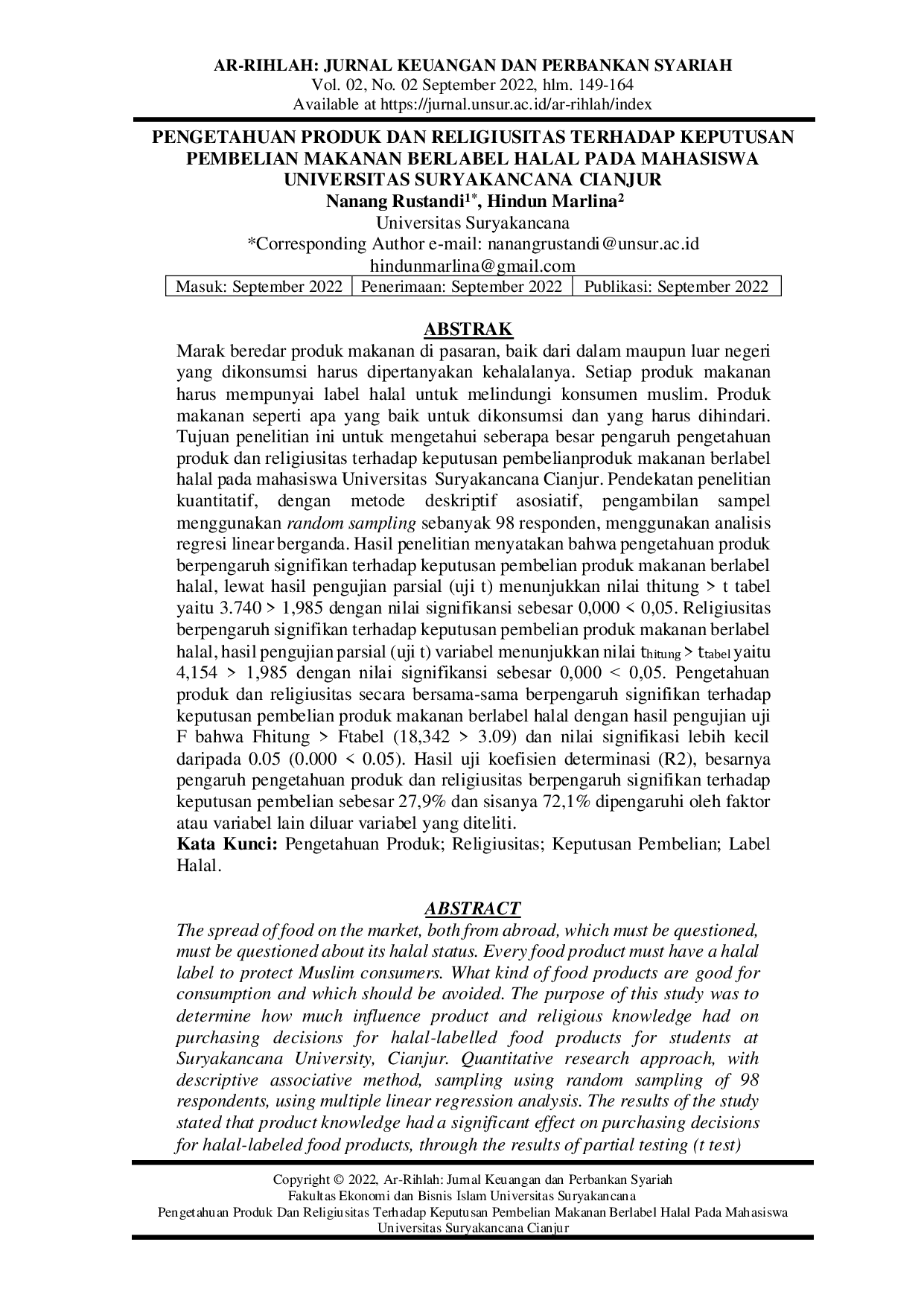 JURIS Pengetahuan Produk Dan Religiusitas Terhadap Keputusan Pembelian Makanan Berlabel Halal Pada Mahasiswa Universitas Suryakancana Cianjur