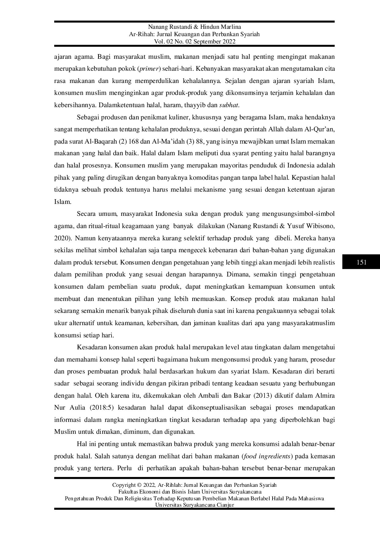 JURIS Pengetahuan Produk Dan Religiusitas Terhadap Keputusan Pembelian Makanan Berlabel Halal Pada Mahasiswa Universitas Suryakancana Cianjur