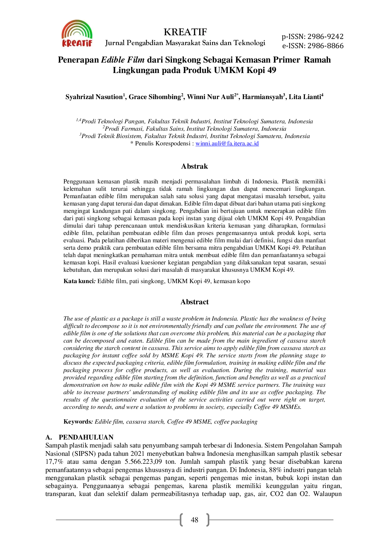JURIS Penerapan Edible Film dari Singkong Sebagai Kemasan Primer Ramah Lingkungan pada Produk UMKM Kopi 49