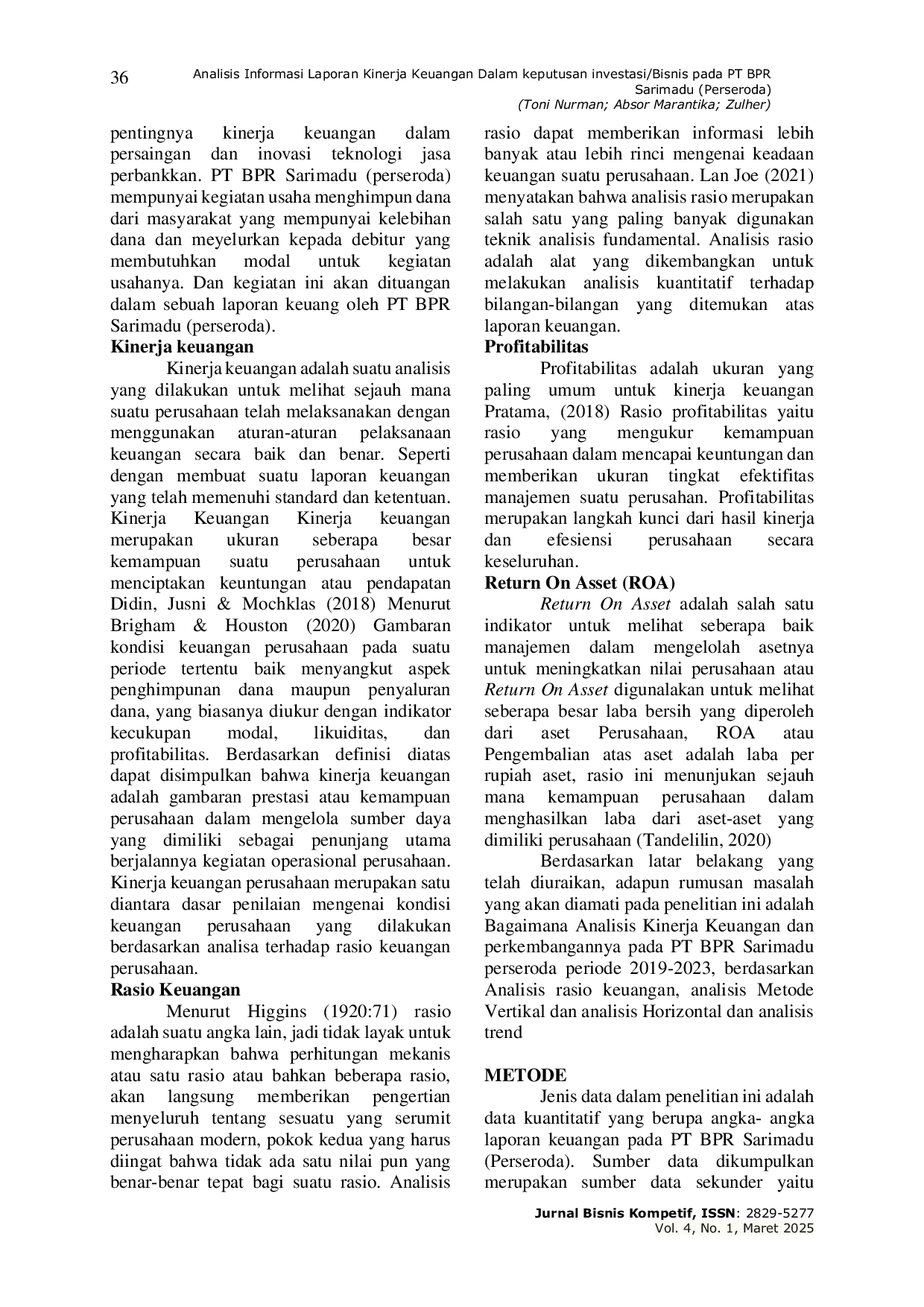 JURIS Analisis Informasi Laporan Kinerja Keuangan Dalam Keputusan Investasi Bisnis Pada PT BPR Sarimadu Perseroda