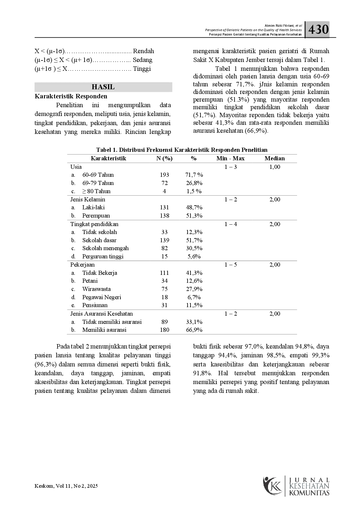 juris Persepsi Pasien Geriatri Tentang Kualitas Pelayanan Kesehatan Di Rumah Sakit X Di Kabupaten Jember
