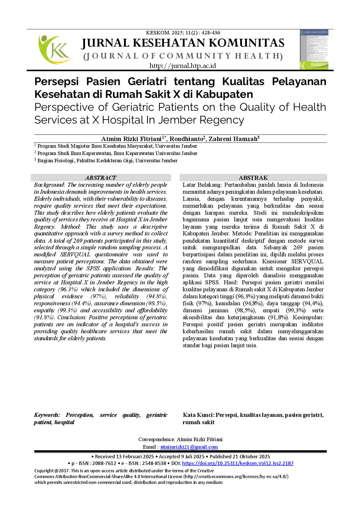 juris Persepsi Pasien Geriatri Tentang Kualitas Pelayanan Kesehatan Di Rumah Sakit X Di Kabupaten Jember