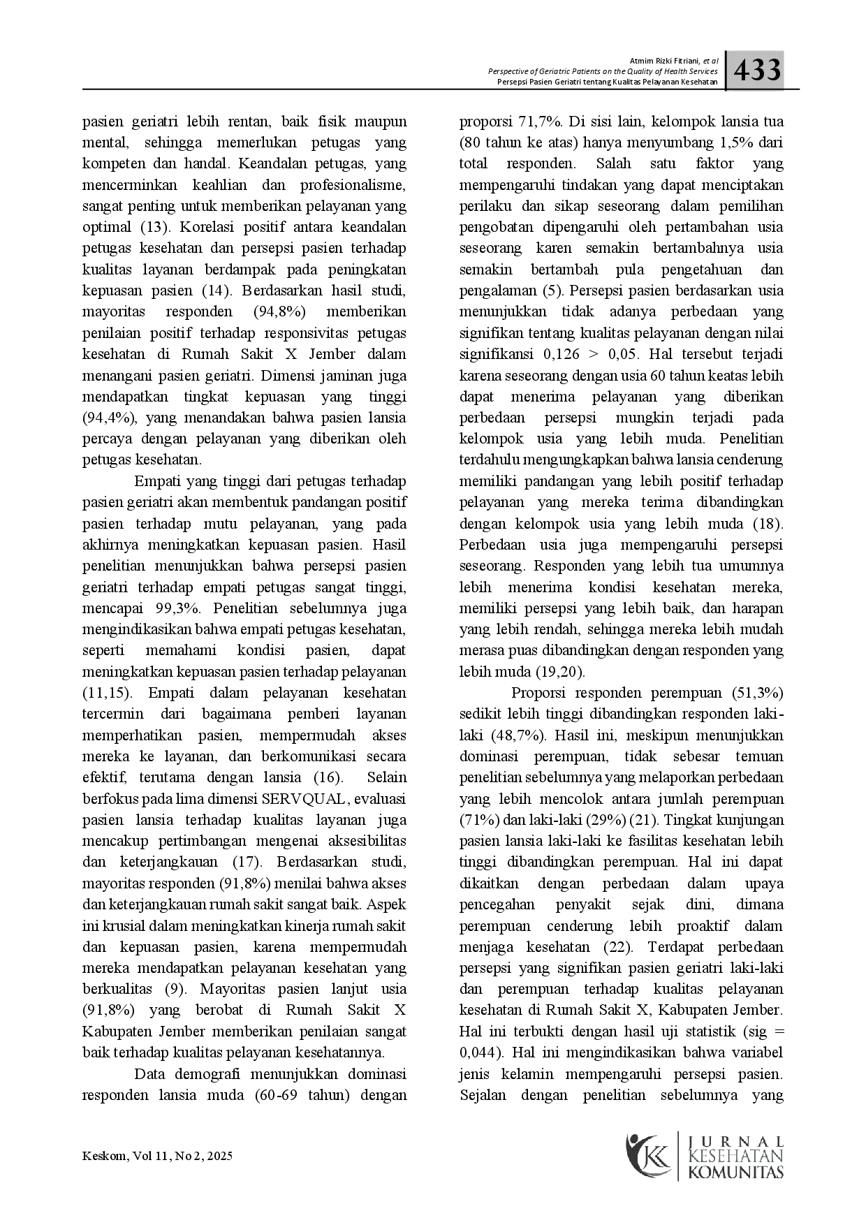 juris Persepsi Pasien Geriatri Tentang Kualitas Pelayanan Kesehatan Di Rumah Sakit X Di Kabupaten Jember