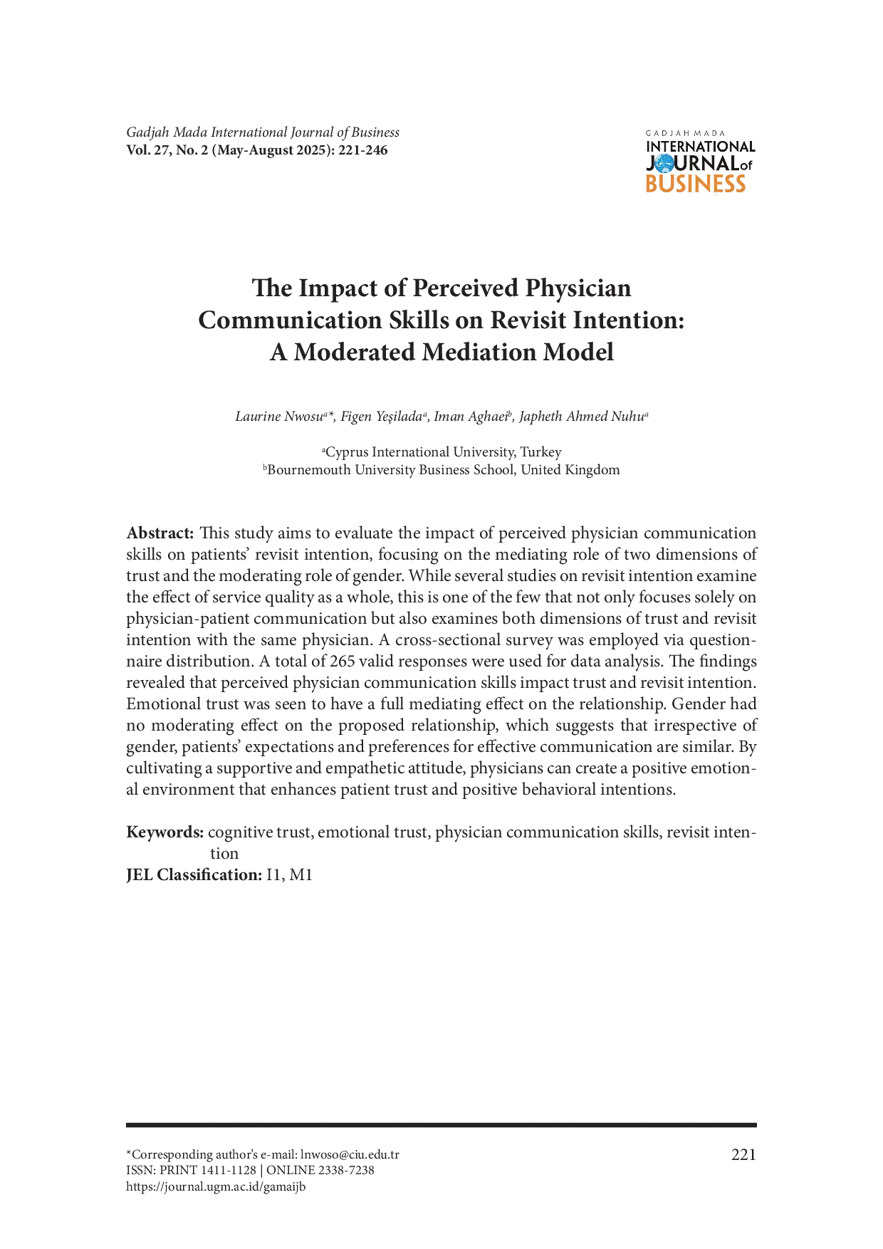 JURIS The Impact of Perceived Physician Communication Skills on Revisit Intention A Moderated Mediation Model