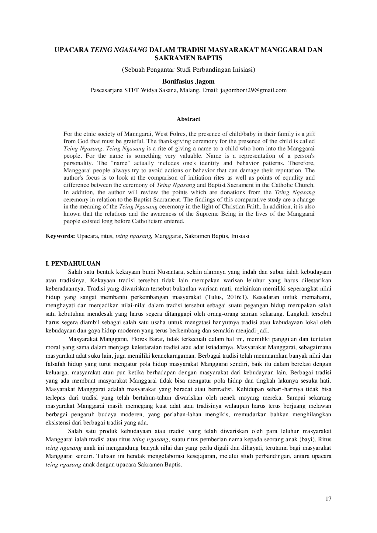 JURIS UPACARA TEING NGASANG DALAM TRADISI MASYARAKAT MANGGARAI DAN SAKRAMEN BAPTIS Sebuah Pengantar Studi Perbandingan Inisiasi