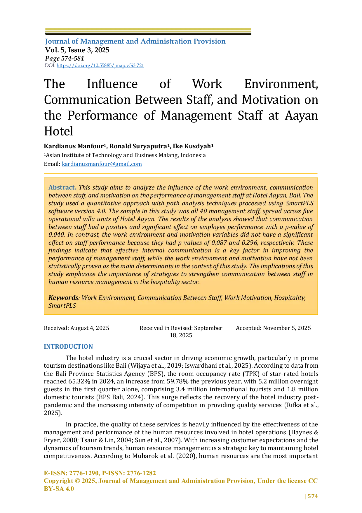 JURIS The Influence of Work Environment Communication Between Staff and Motivation on the Performance of Management Staff at Aayan Hotel