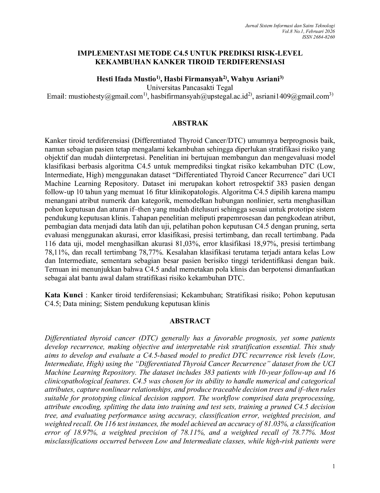 JURIS Implementasi Metode C4 5 untuk Prediksi Risk Level Kekambuhan Kanker Tiroid Terdiferensiasi