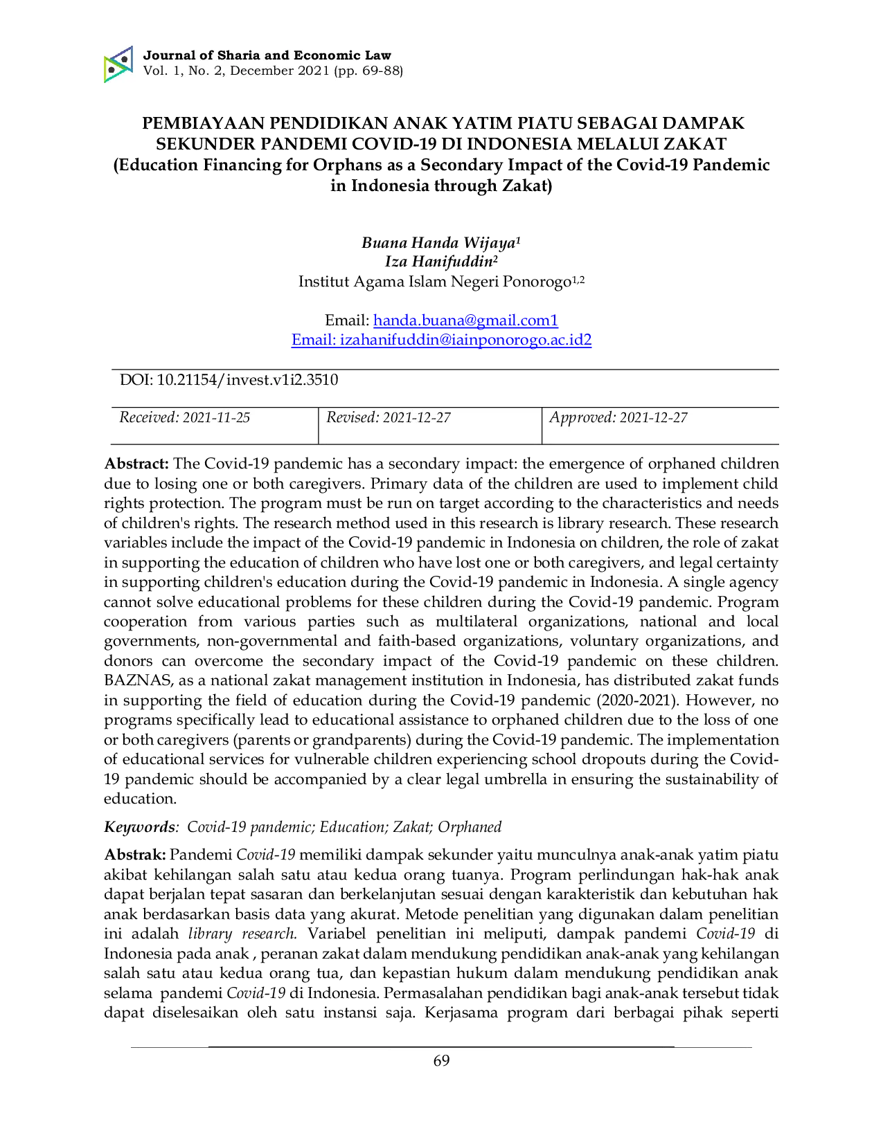 JURIS Pembiayaan Pendidikan Anak Yatim Piatu Sebagai Dampak Sekunder Pandemi Covid 19 di Indonesia Melalui Zakat