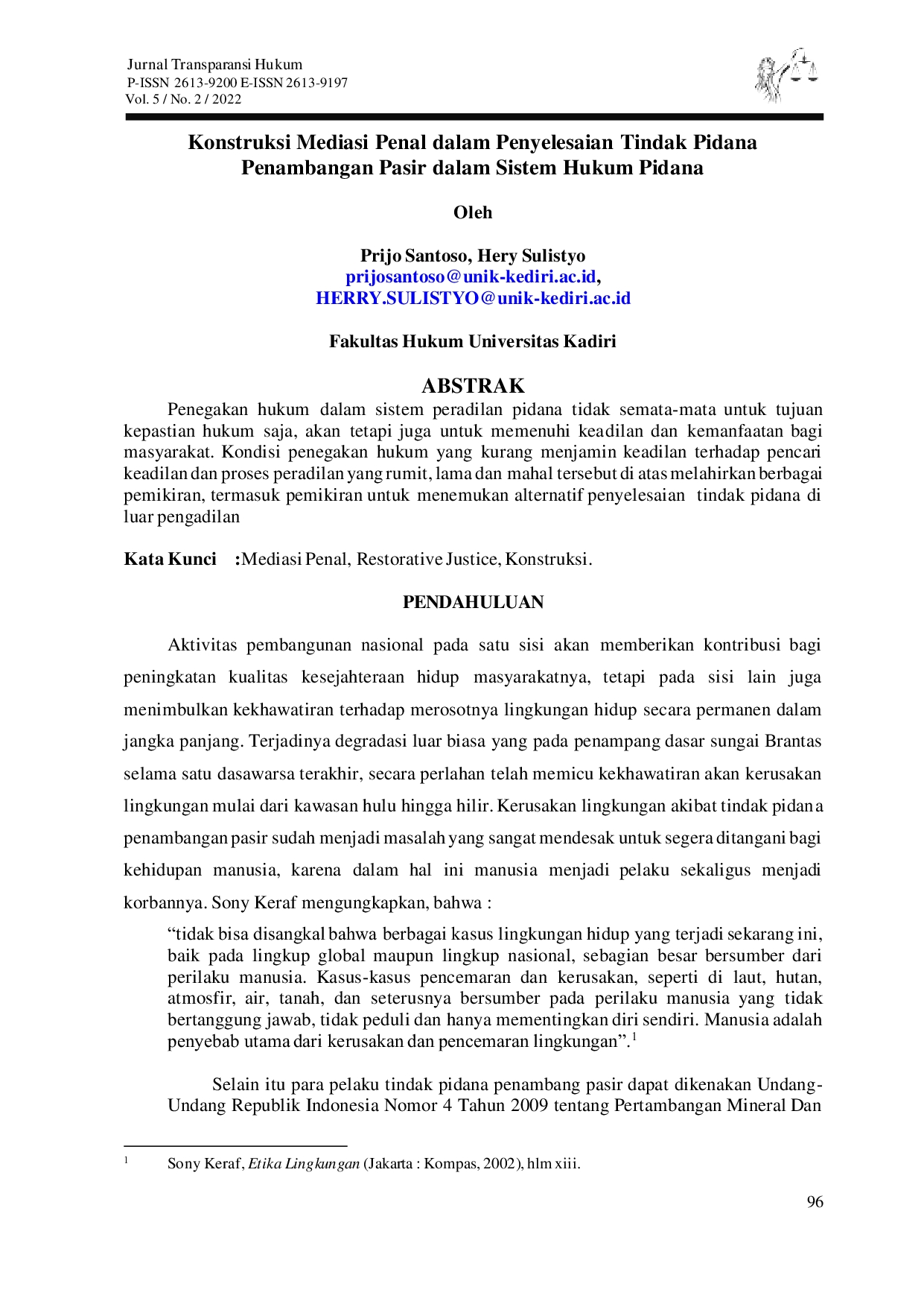 JURIS Konstruksi Mediasi Penal dalam Penyelesaian Tindak Pidana Penambangan Pasir dalam Sistem Hukum Pidana
