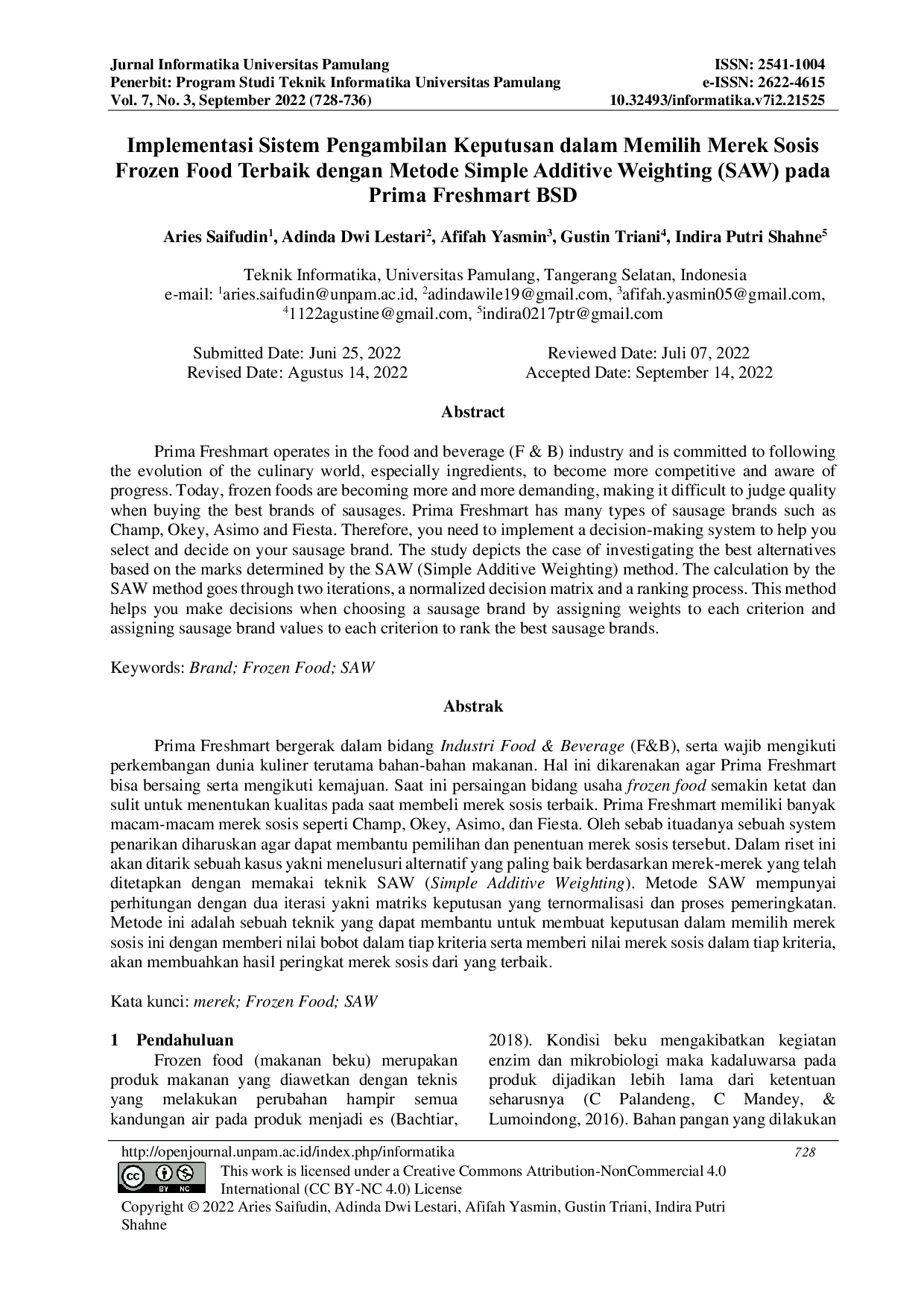JURIS Implementasi Sistem Pengambilan Keputusan dalam Memilih Merek Sosis Frozen Food Terbaik dengan Metode Simple Additive Weighting SAW pada Prima Freshmart BSD