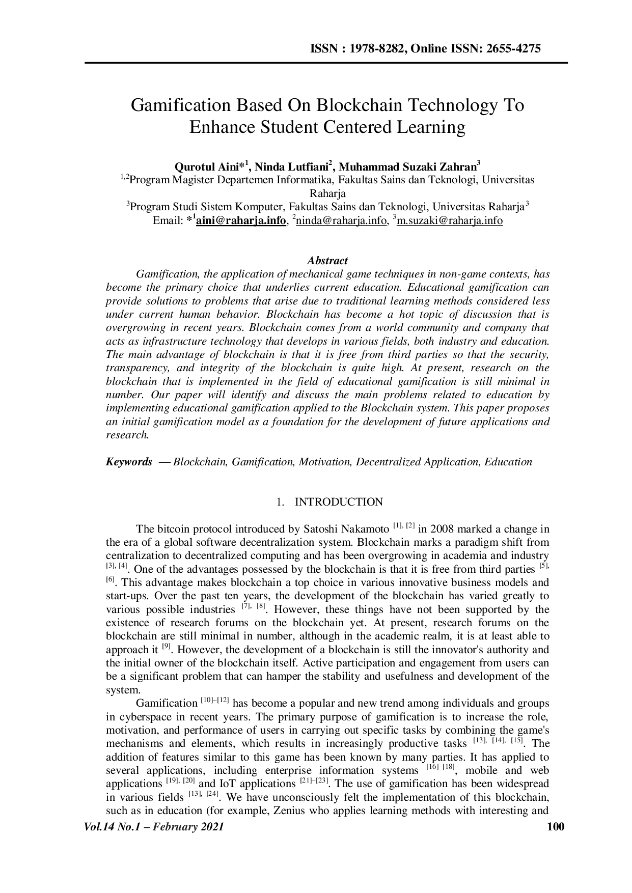 JURIS Gamification Based On Blockchain Technology To Enhance Student Centered Learning