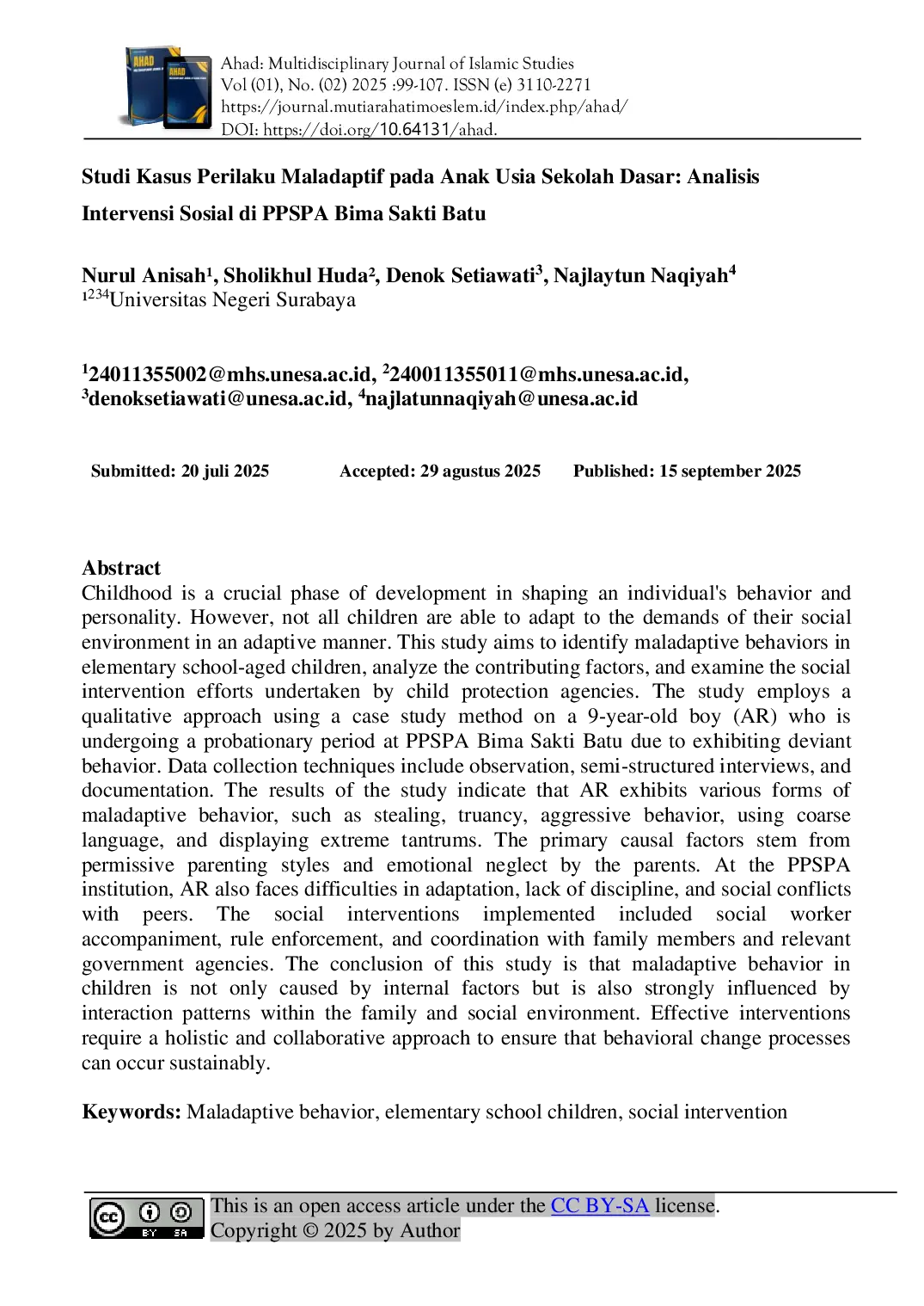 JURIS Studi Kasus Perilaku Maladaptif pada Anak Usia Sekolah Dasar Analisis Intervensi Sosial di PPSPA Bima Sakti Batu