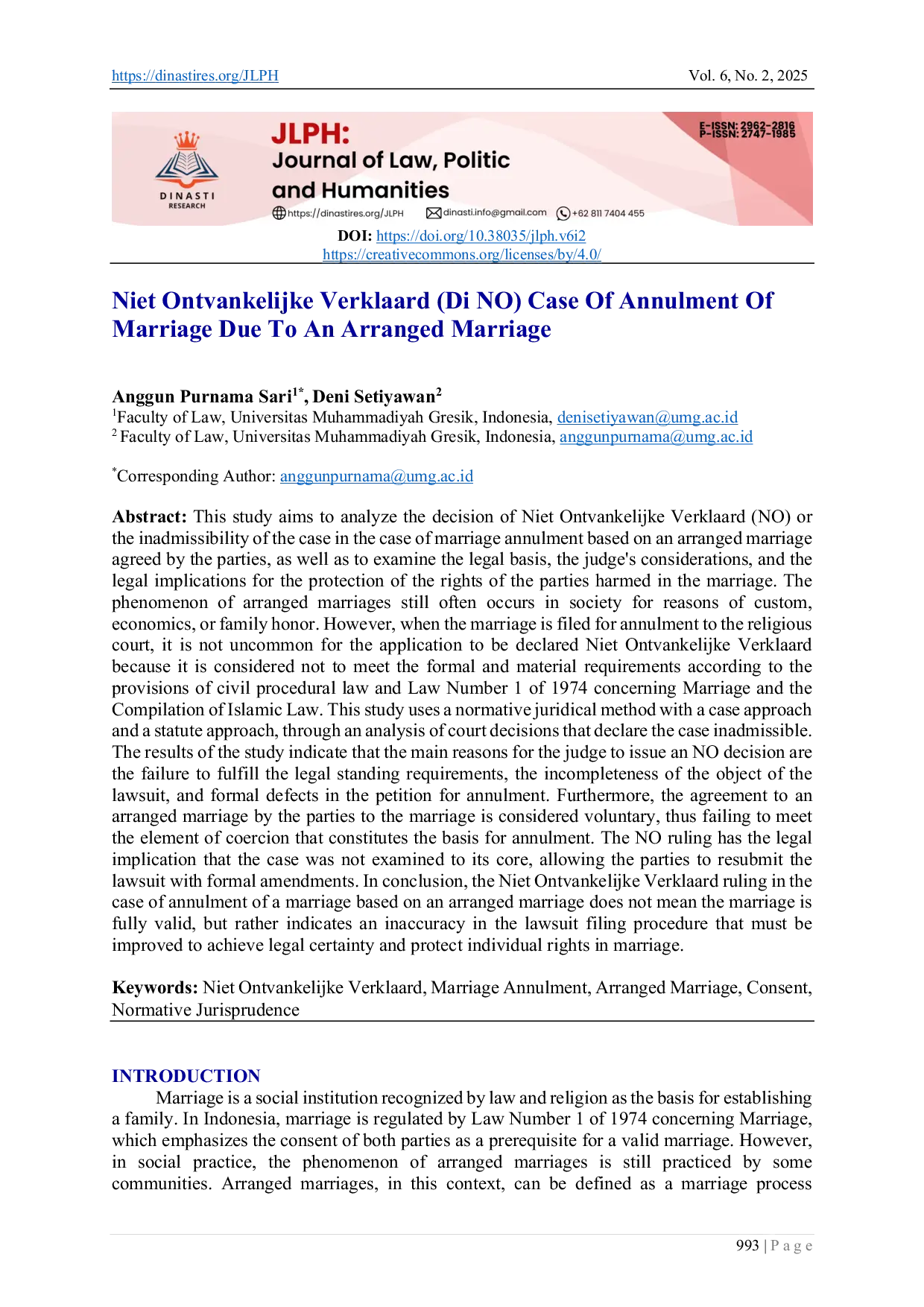 JURIS Niet Ontvankelijke Verklaard Di NO Case of Annulment of Marriage Due to an Arranged Marriage