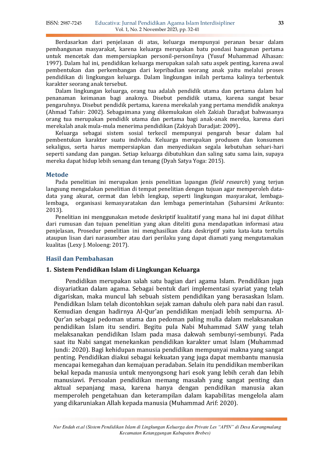 JURIS Sistem Pendidikan Islam di Lingkungan Keluarga dan Private Les APIN di Desa Karangmalang Kecamatan Ketanggungan Kabupaten Brebes