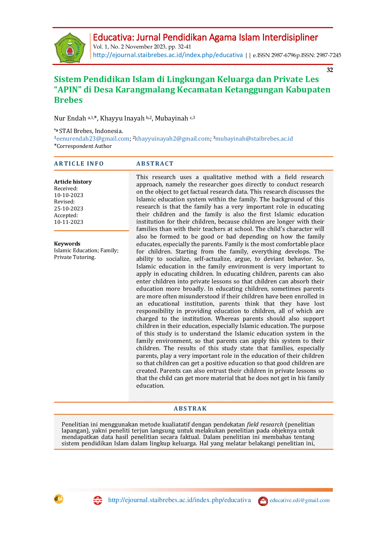 JURIS Sistem Pendidikan Islam di Lingkungan Keluarga dan Private Les APIN di Desa Karangmalang Kecamatan Ketanggungan Kabupaten Brebes
