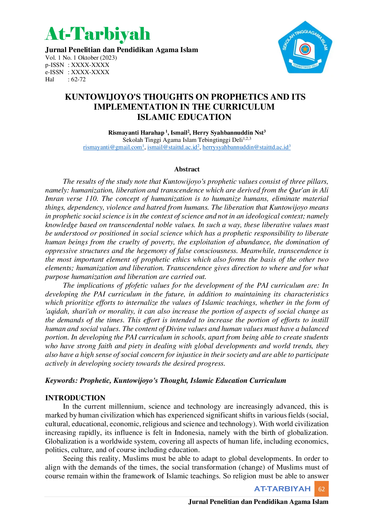 JURIS Kuntowijoyo s Thoughts On Prophetics And Its Implementation In The Curriculum Islamic Education