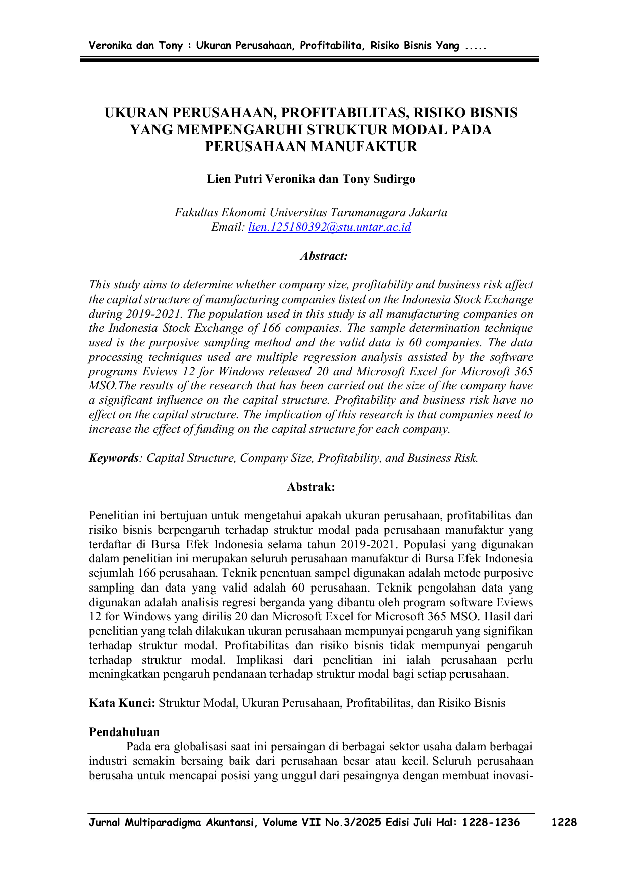 JURIS Ukuran Perusahaan Profitabilitas Risiko Bisnis Yang Memengaruhi Struktur Modal Pada Perusahaan Manufaktur