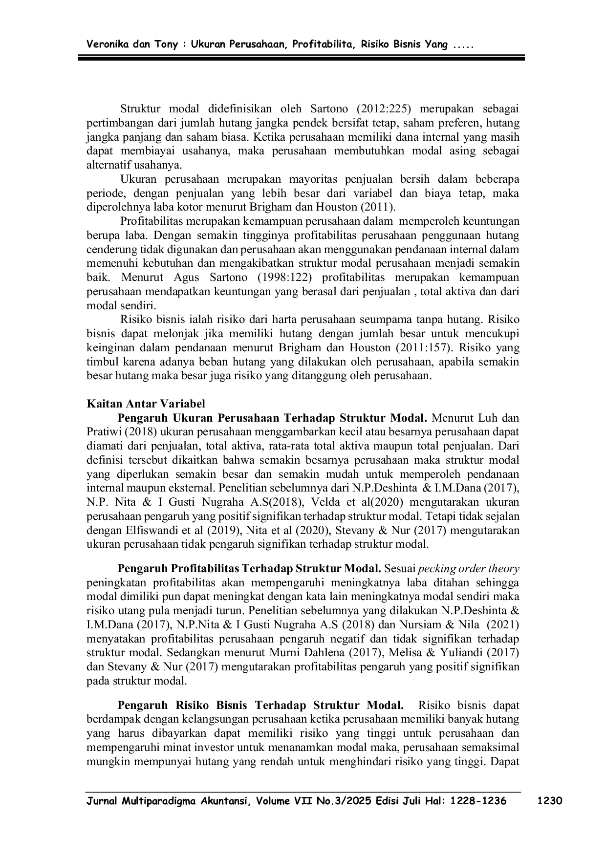 JURIS Ukuran Perusahaan Profitabilitas Risiko Bisnis Yang Memengaruhi Struktur Modal Pada Perusahaan Manufaktur