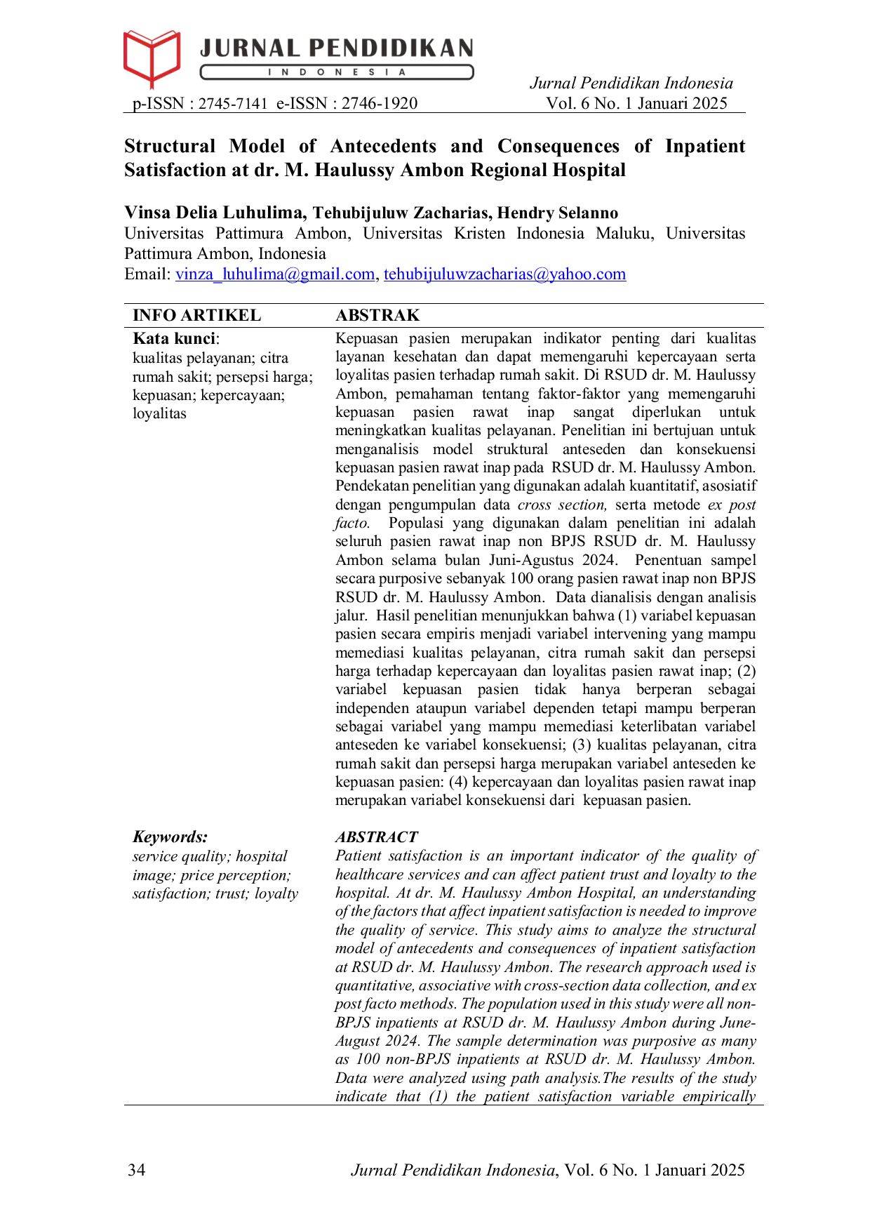 JURIS Structural Model of Antecedents and Consequences of Inpatient Satisfaction at dr M Haulussy Ambon Regional Hospital