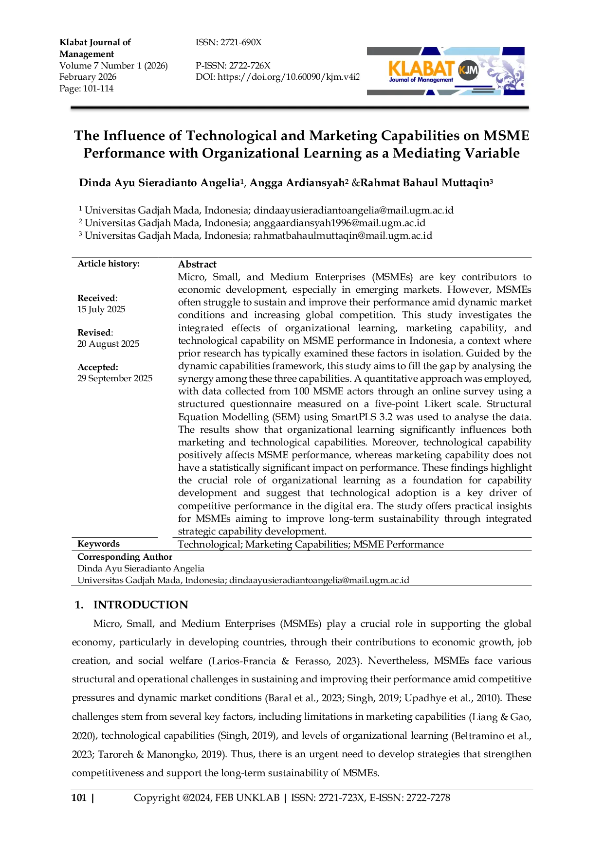 JURIS The Influence of Technological and Marketing Capabilities on MSME Performance with Organizational Learning as a Mediating Variable