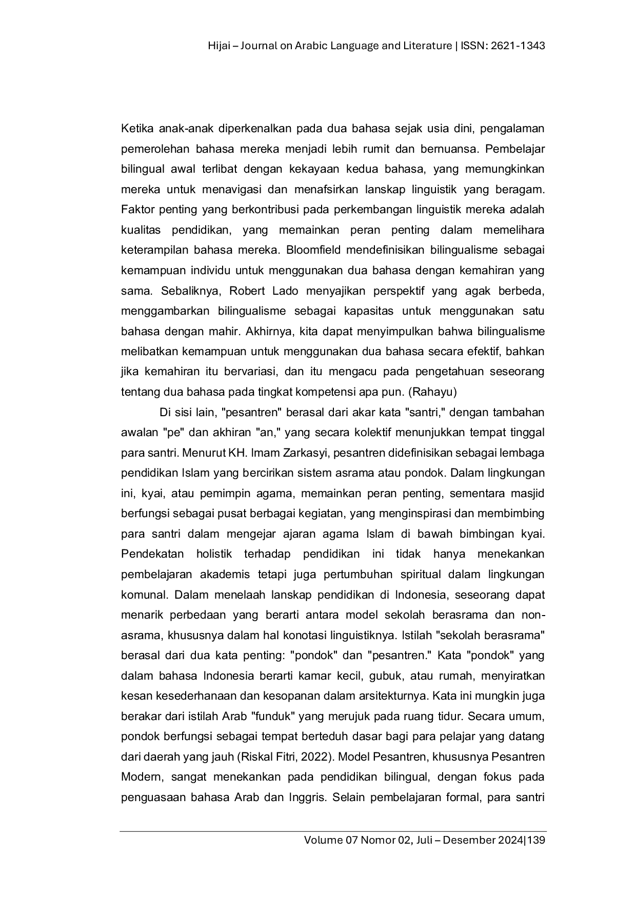 JURIS Bilingualisme Dalam Proses Pembelajaran Keterampilan Berbicara Bahasa Arab Di Pondok Pesantren Islamic Center Limbangan