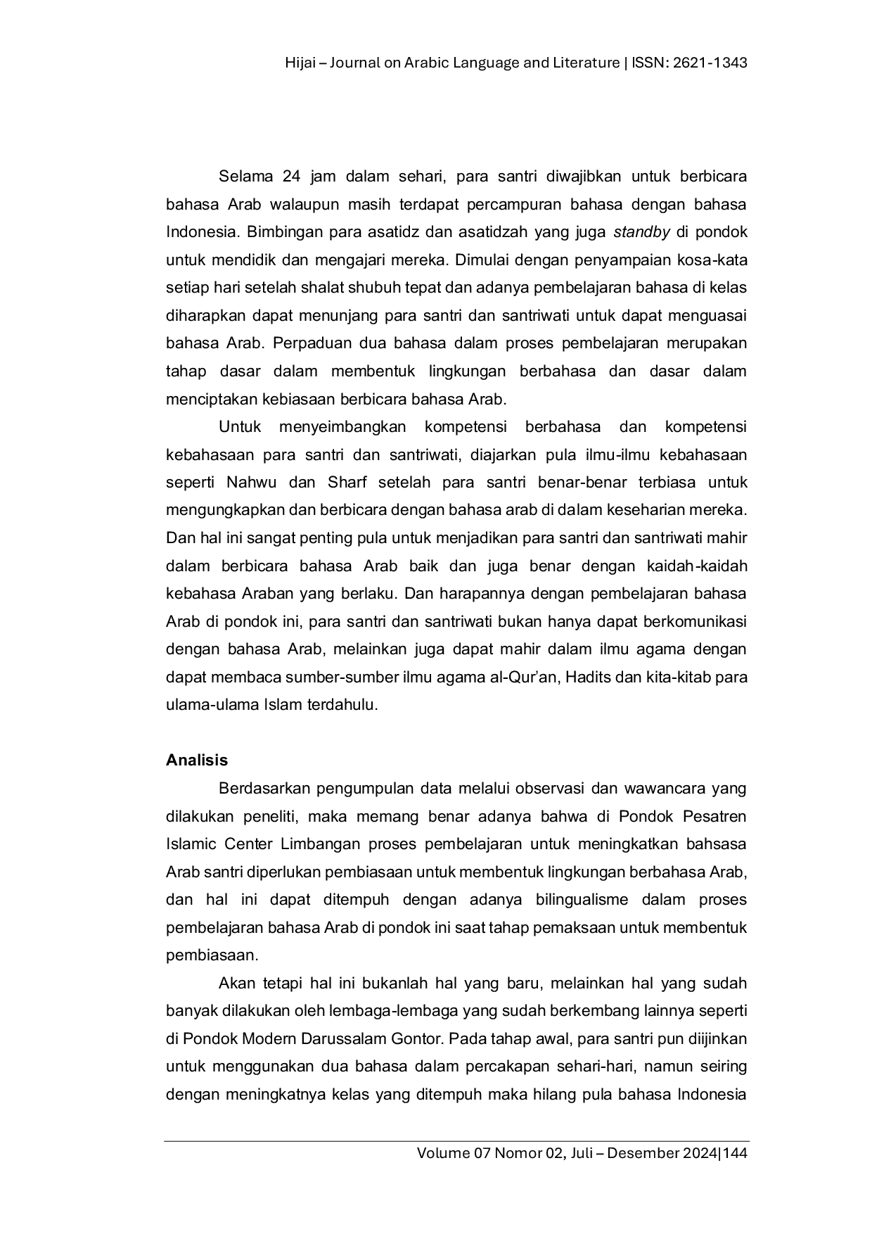 JURIS Bilingualisme Dalam Proses Pembelajaran Keterampilan Berbicara Bahasa Arab Di Pondok Pesantren Islamic Center Limbangan