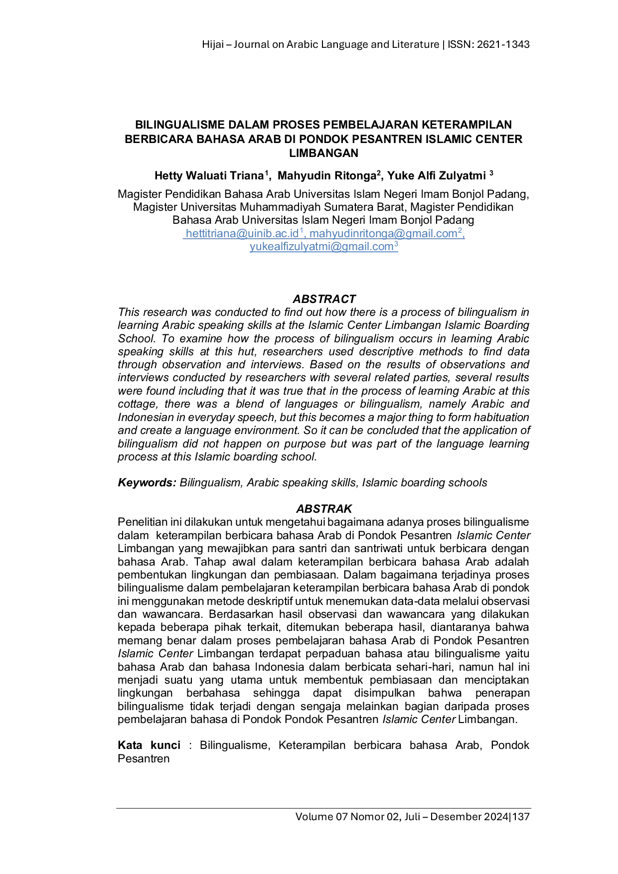 JURIS Bilingualisme Dalam Proses Pembelajaran Keterampilan Berbicara Bahasa Arab Di Pondok Pesantren Islamic Center Limbangan