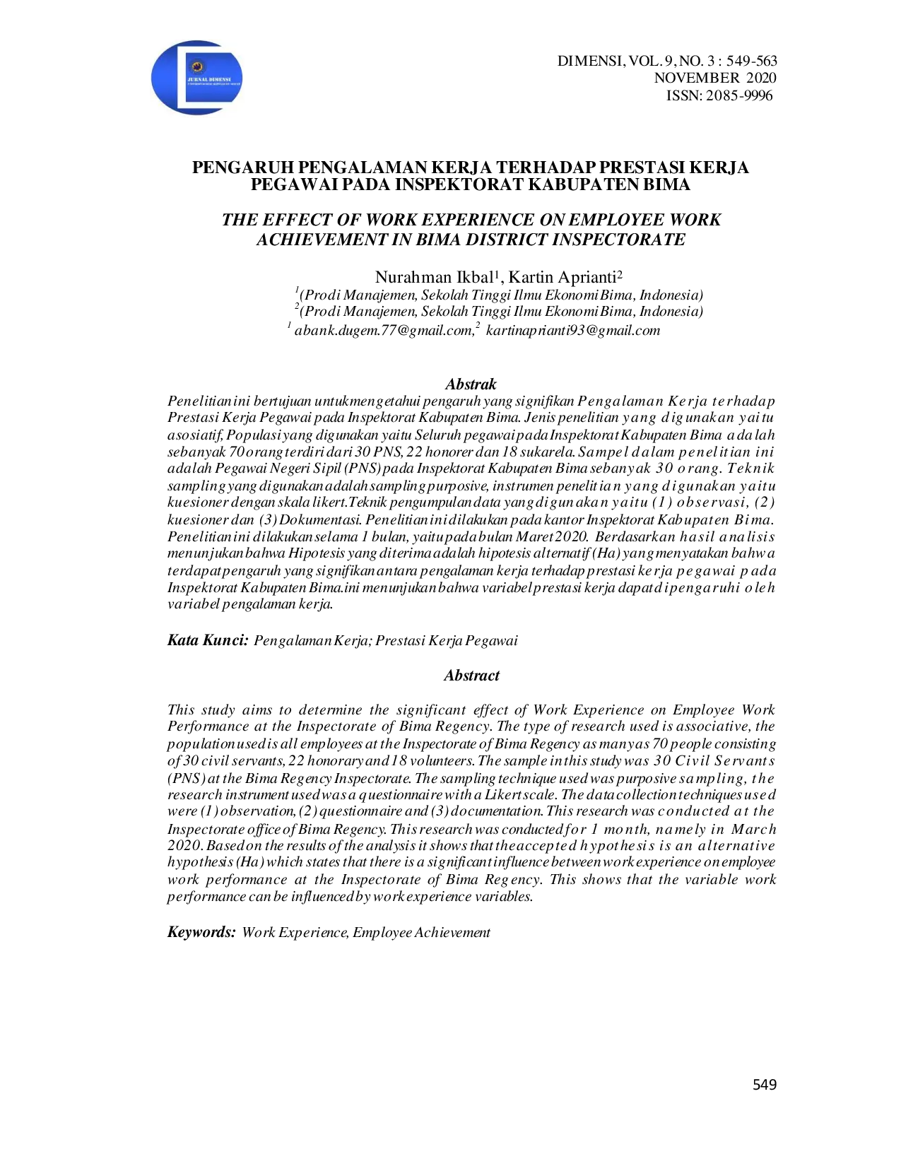 JURIS Pengaruh Pengalaman Kerja Terhadap Prestasi Kerja Pegawai Pada Inspektorat Kabupaten Bima