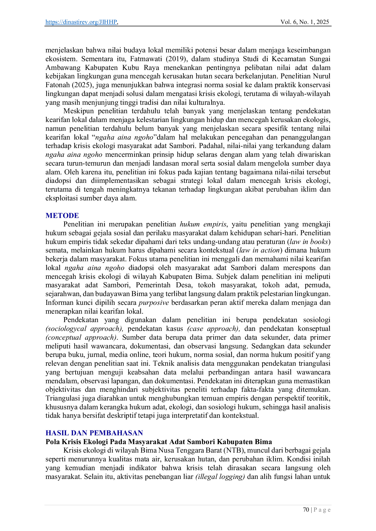 JURIS Adopsi Nilai Kearifan Lokal Ngaha Aina Ngoho Dalam Pencegahan Krisis Ekologi Pada Masyarakat Adat Sambori