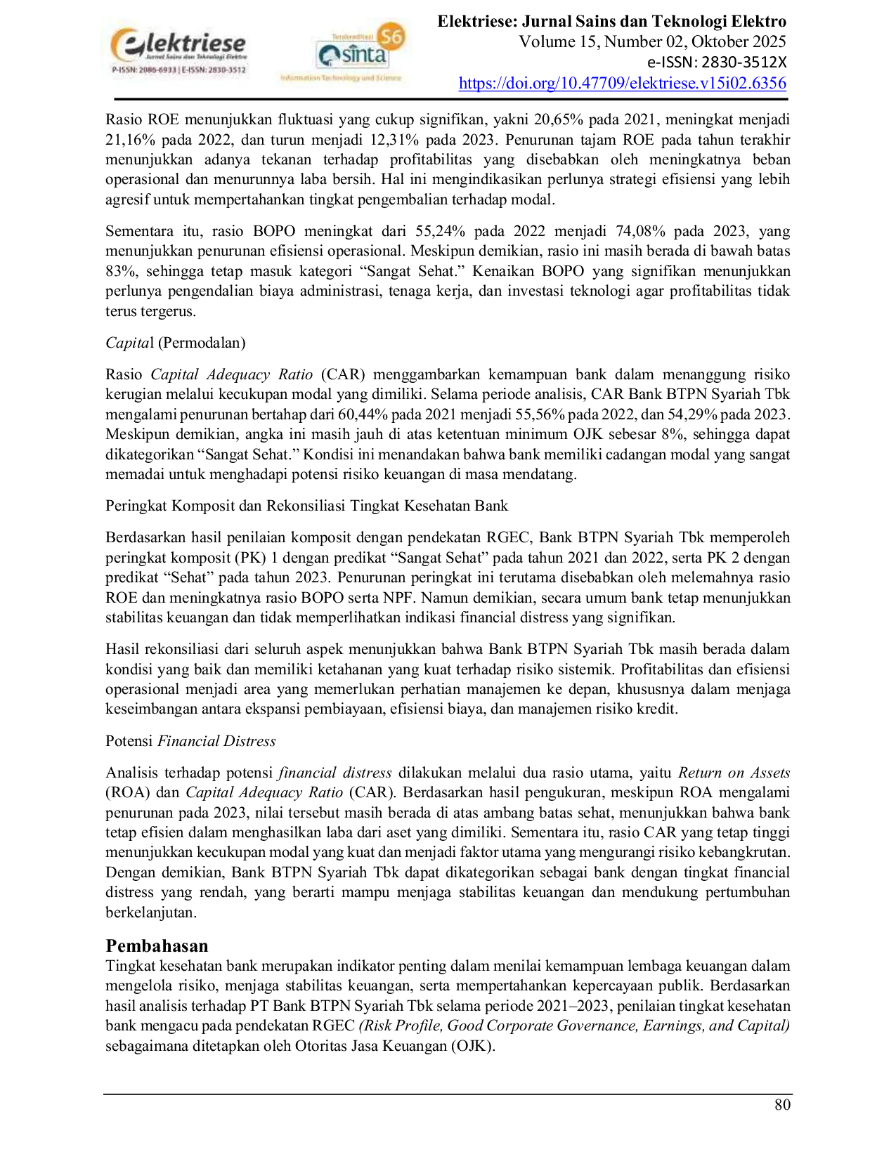 JURIS RGEC Menguak Kesehatan dan Potensi Financial Distress BTPN Syariah RGEC Uncovering the Health and Potential Financial Distress of BTPN Syariah