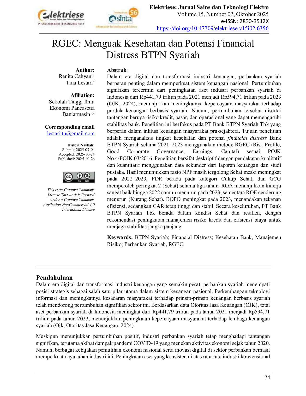 JURIS RGEC Menguak Kesehatan dan Potensi Financial Distress BTPN Syariah RGEC Uncovering the Health and Potential Financial Distress of BTPN Syariah